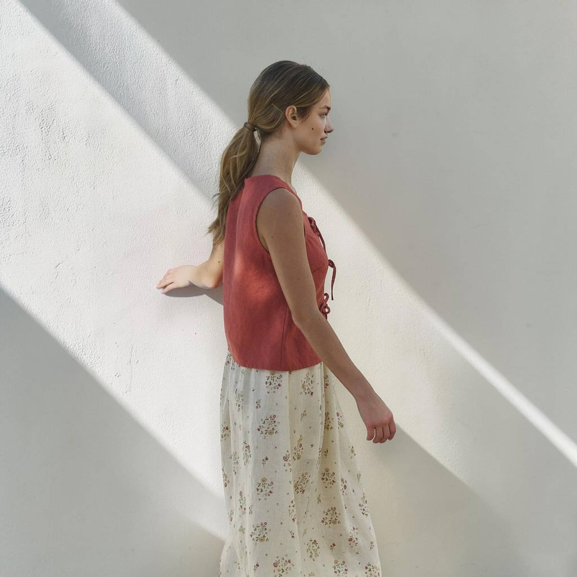 Tie Front Linen Top, Scoop Neck Sleeveless
