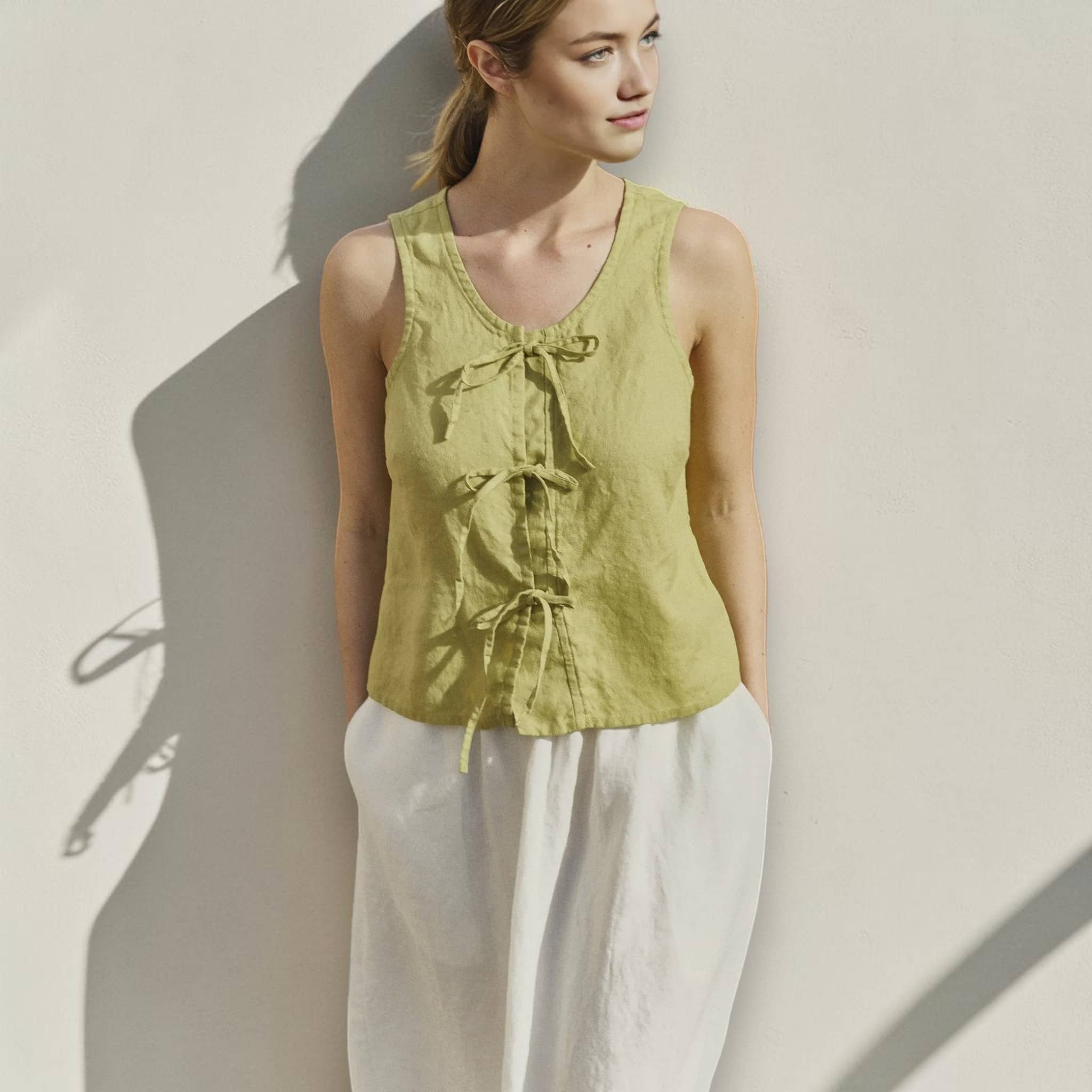 Tie Front Linen Top, Scoop Neck Sleeveless