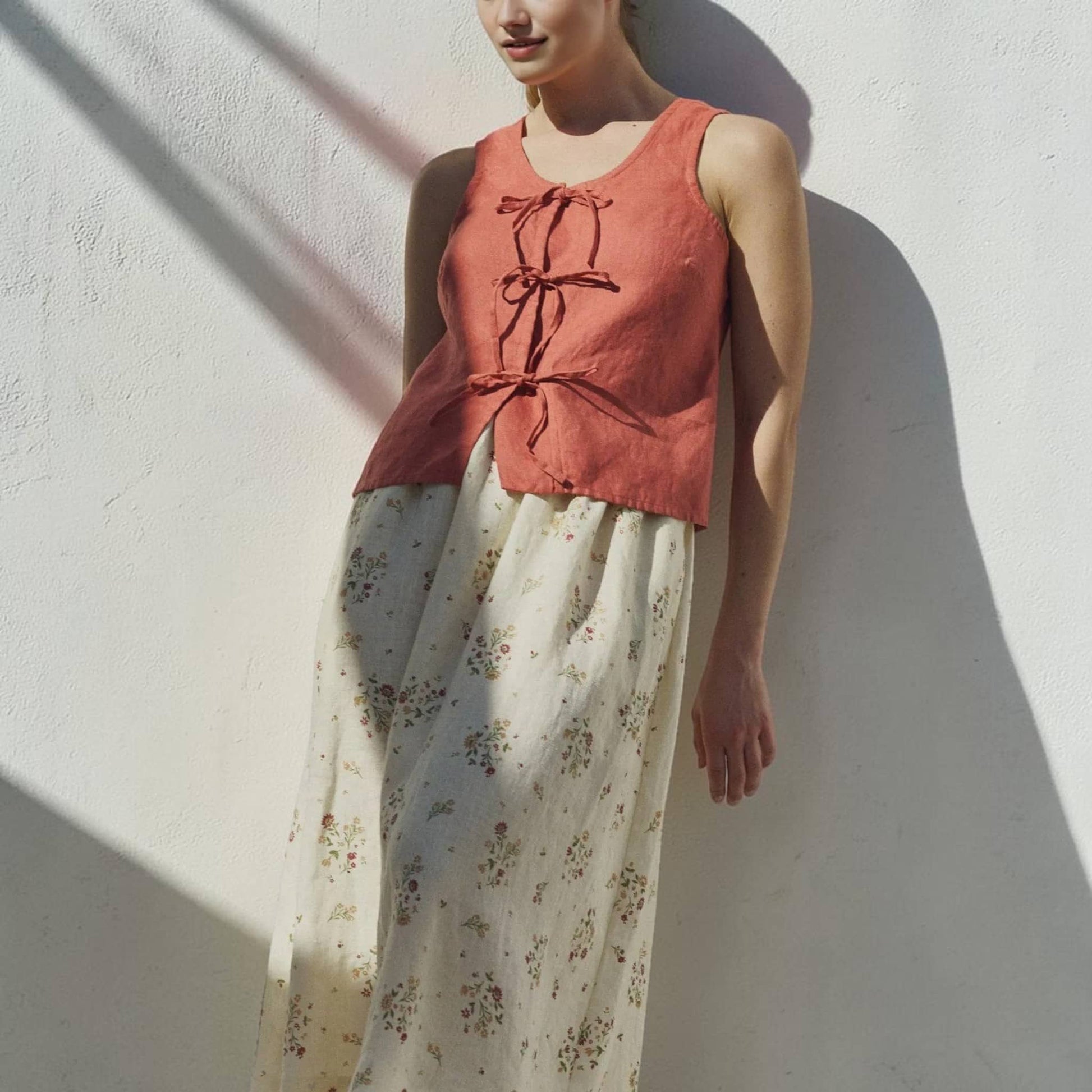 Tie Front Linen Top, Scoop Neck Sleeveless
