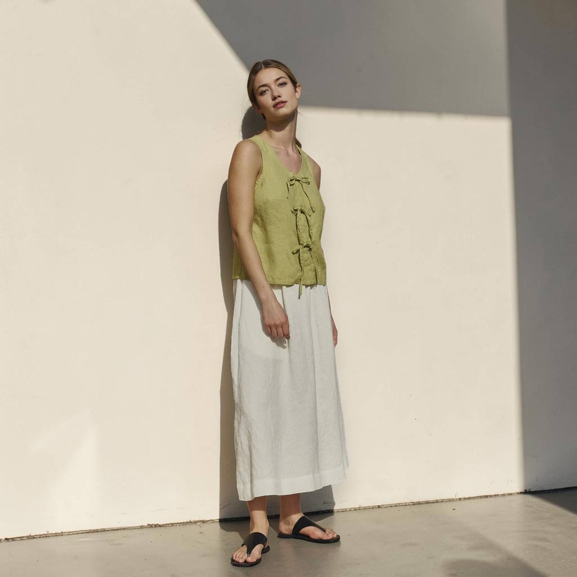 Tie Front Linen Top, Scoop Neck Sleeveless