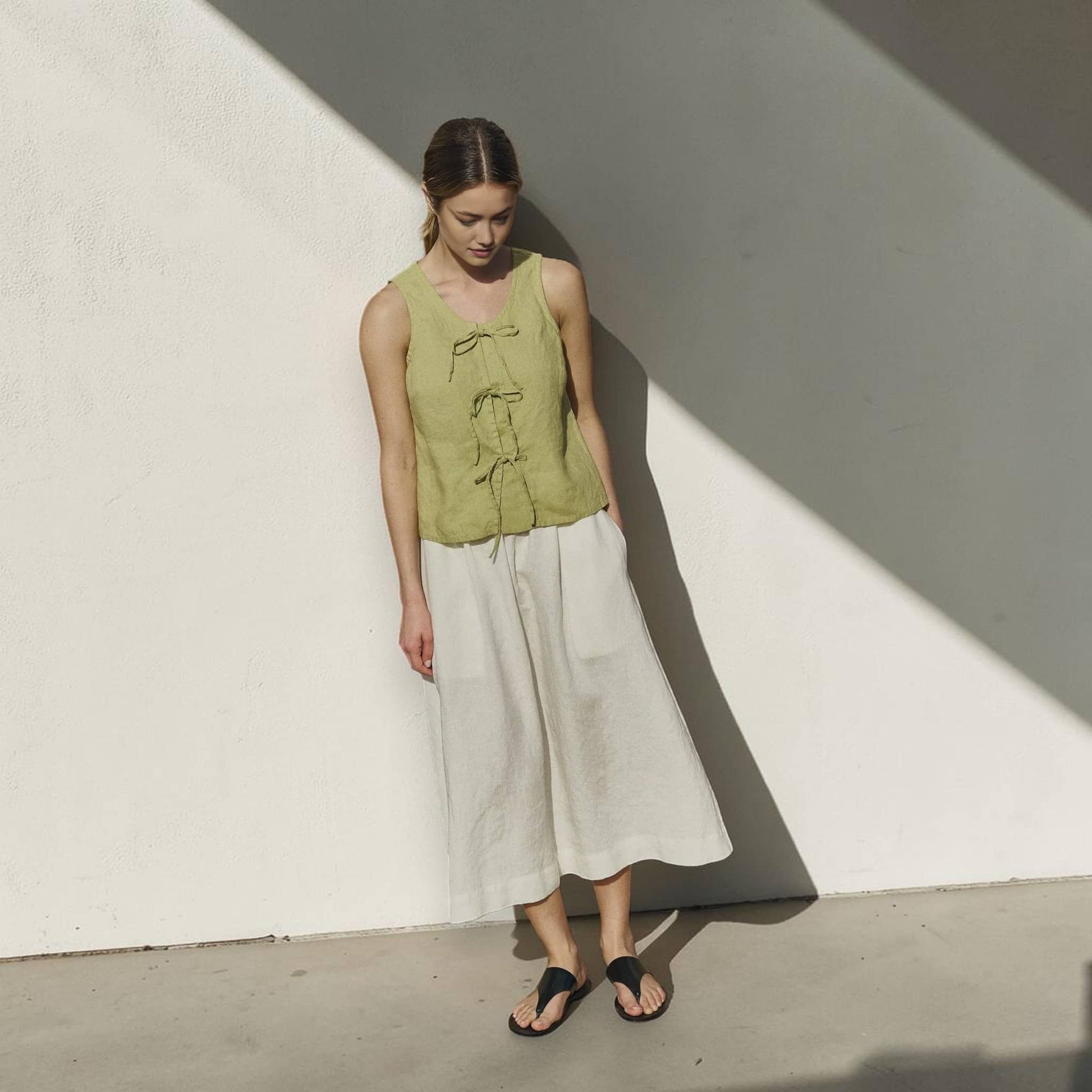Tie Front Linen Top, Scoop Neck Sleeveless