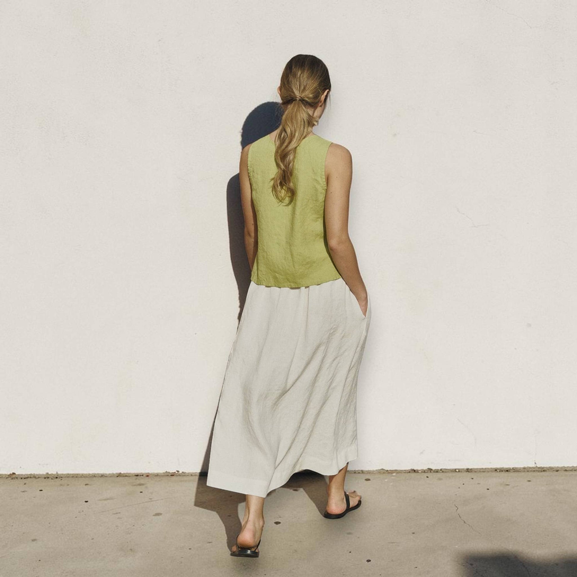 Tie Front Linen Top, Scoop Neck Sleeveless