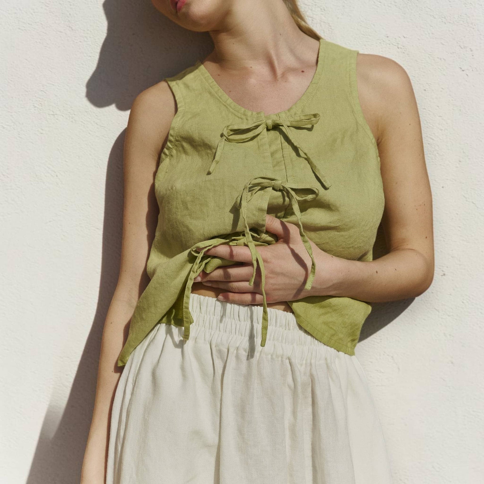 Tie Front Linen Top, Scoop Neck Sleeveless