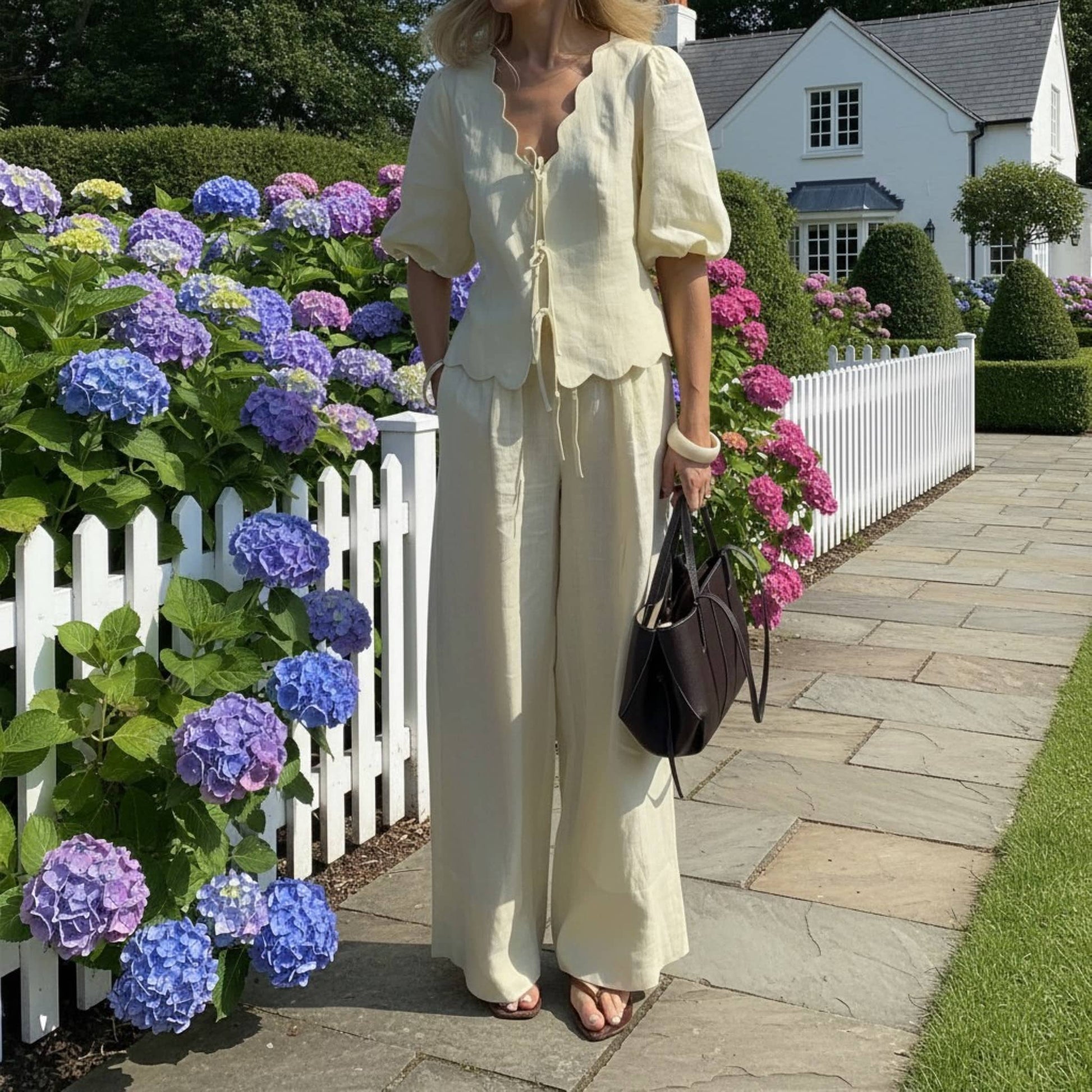 Tie Front V Neck Linen Top, Linen Puff Sleeve Top