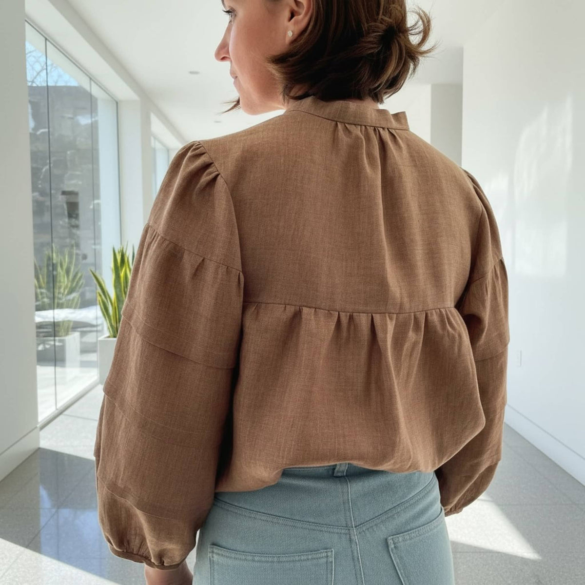 Tie Neck Linen Blouse, Gathered Yoke Puff Sleeve