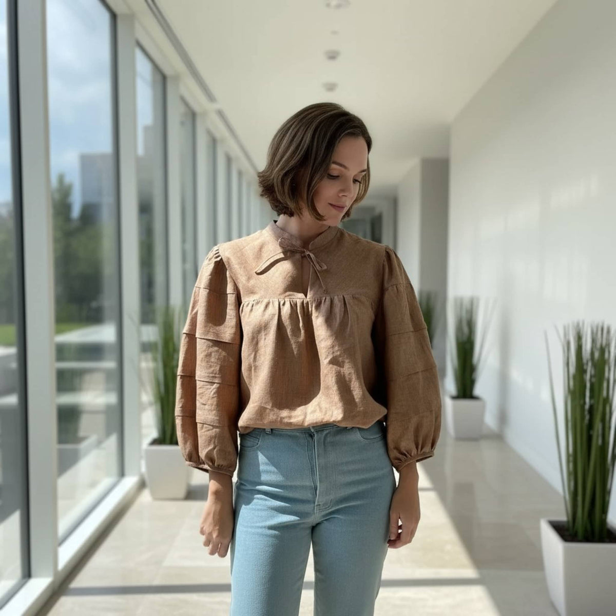 Tie Neck Linen Blouse, Gathered Yoke Puff Sleeve