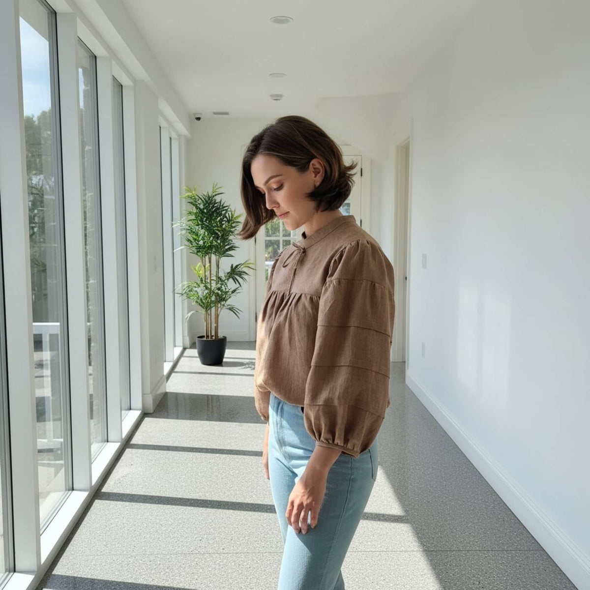 Tie Neck Linen Blouse, Gathered Yoke Puff Sleeve
