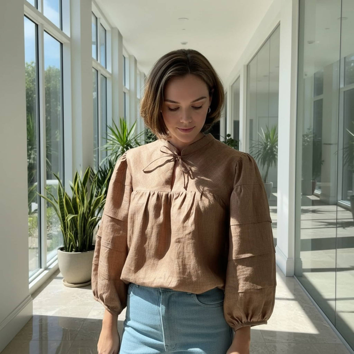 Tie Neck Linen Blouse, Gathered Yoke Puff Sleeve
