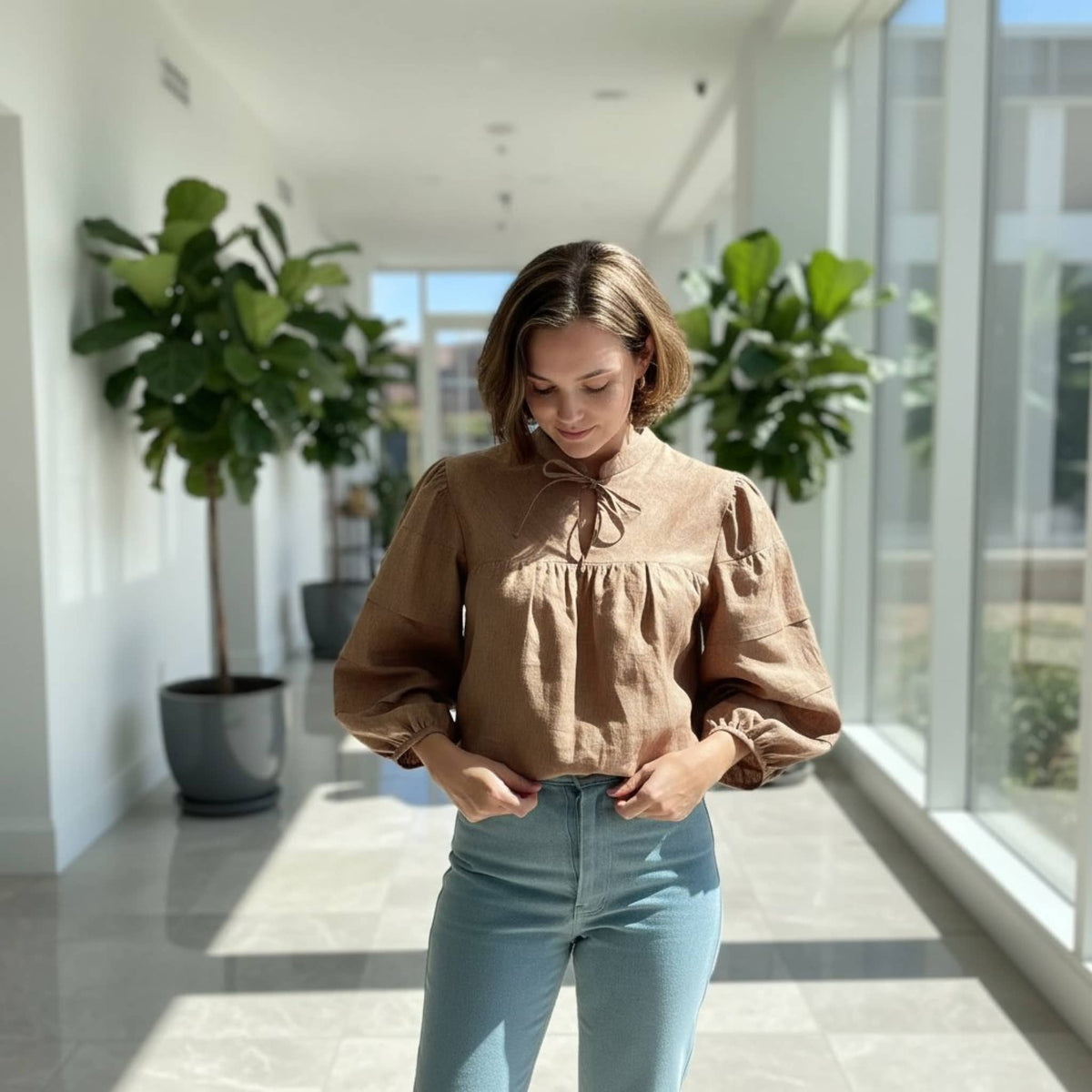 Tie Neck Linen Blouse, Gathered Yoke Puff Sleeve