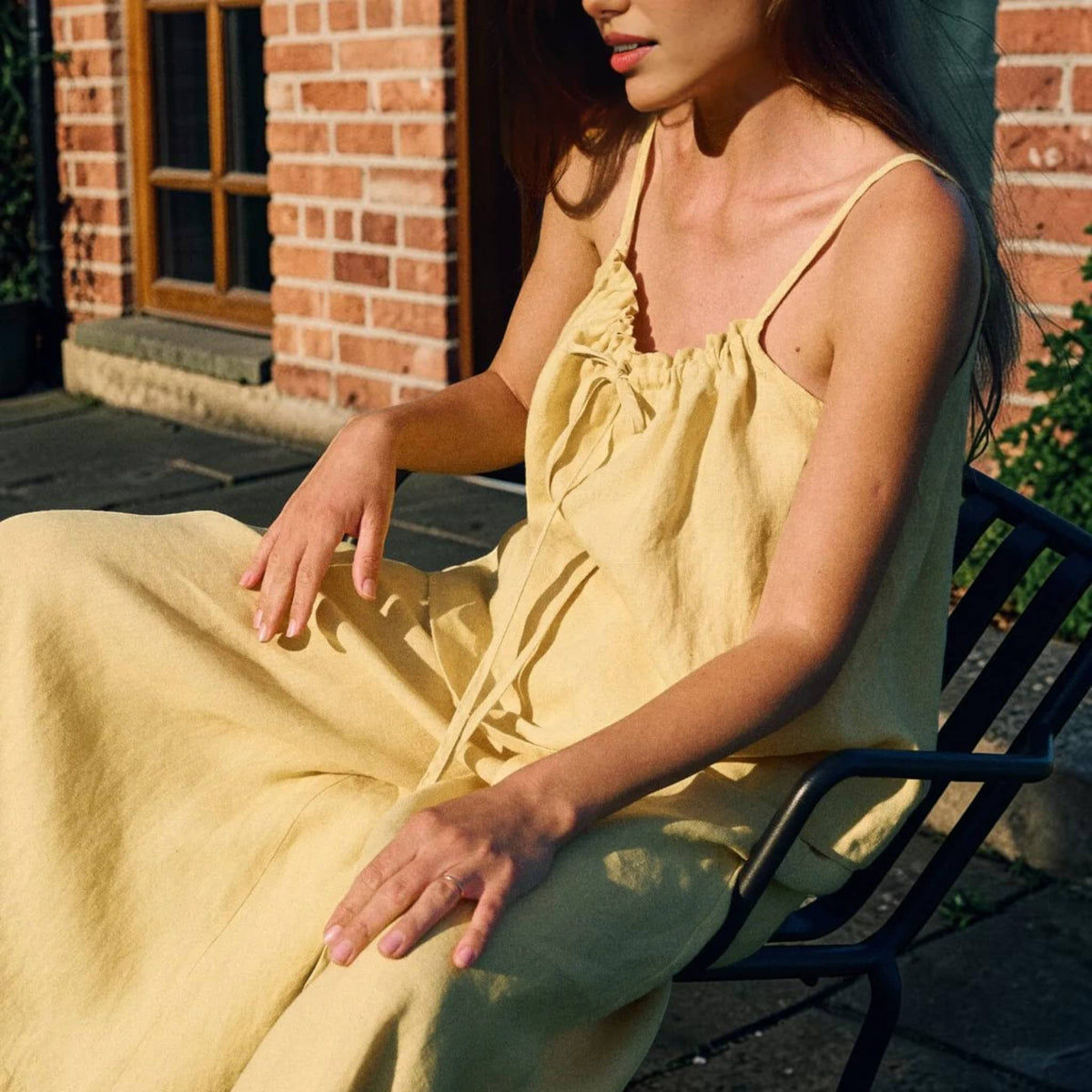 Tie-Neck Linen Camisole, Spaghetti-Strap Gathered-Neck