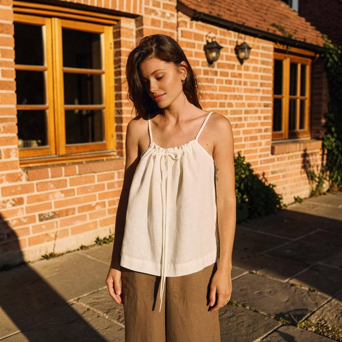Tie-Neck Linen Camisole, Spaghetti-Strap Gathered-Neck