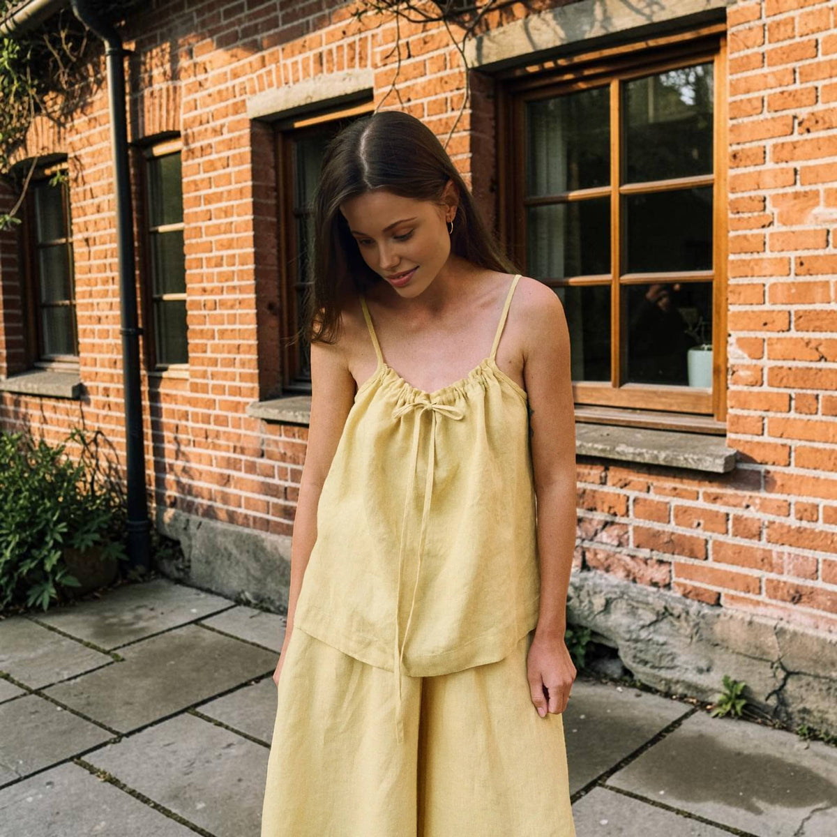 Tie-Neck Linen Camisole, Spaghetti-Strap Gathered-Neck