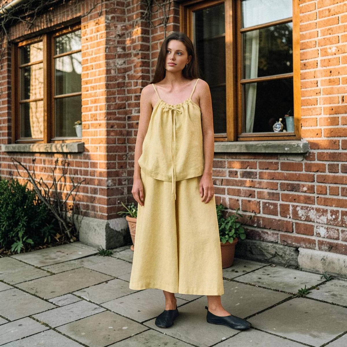 Tie-Neck Linen Camisole, Spaghetti-Strap Gathered-Neck