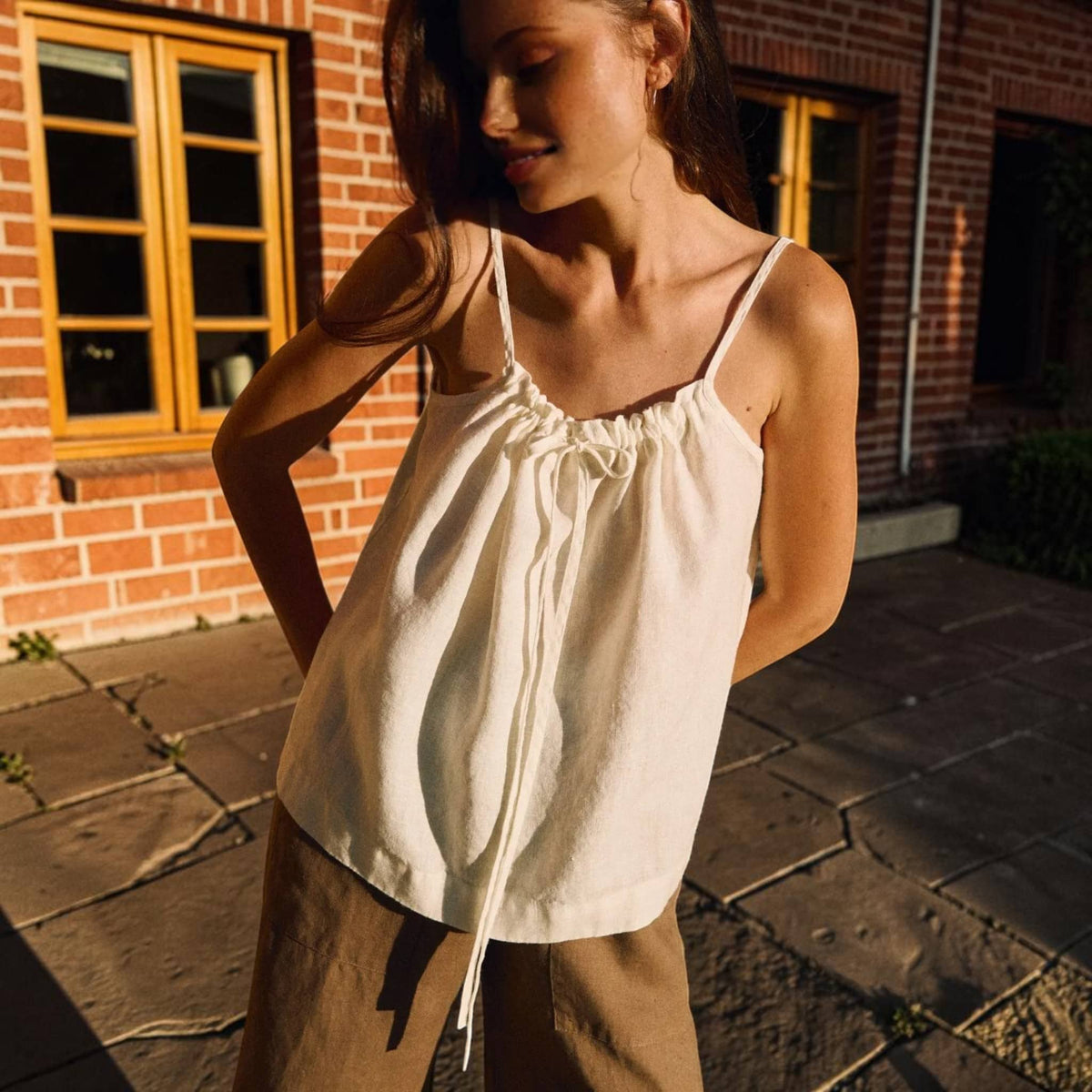 Tie-Neck Linen Camisole, Spaghetti-Strap Gathered-Neck