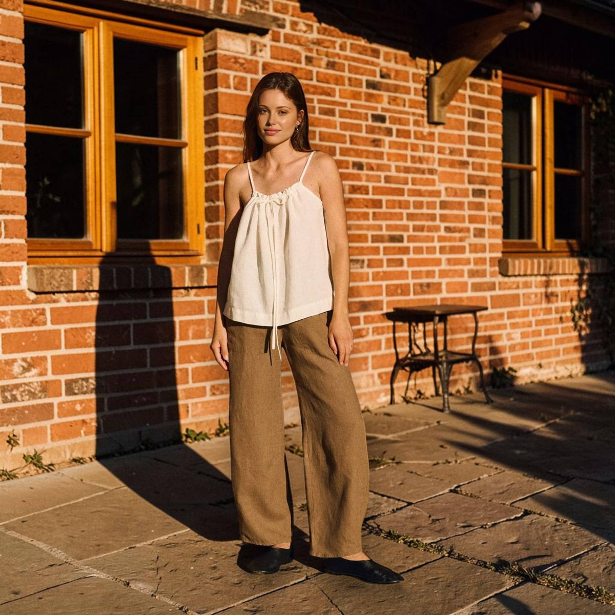 Tie-Neck Linen Camisole, Spaghetti-Strap Gathered-Neck