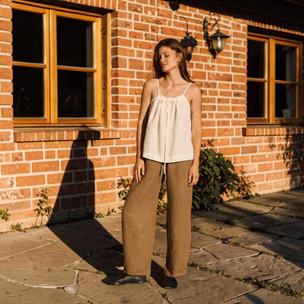 Tie-Neck Linen Camisole, Spaghetti-Strap Gathered-Neck