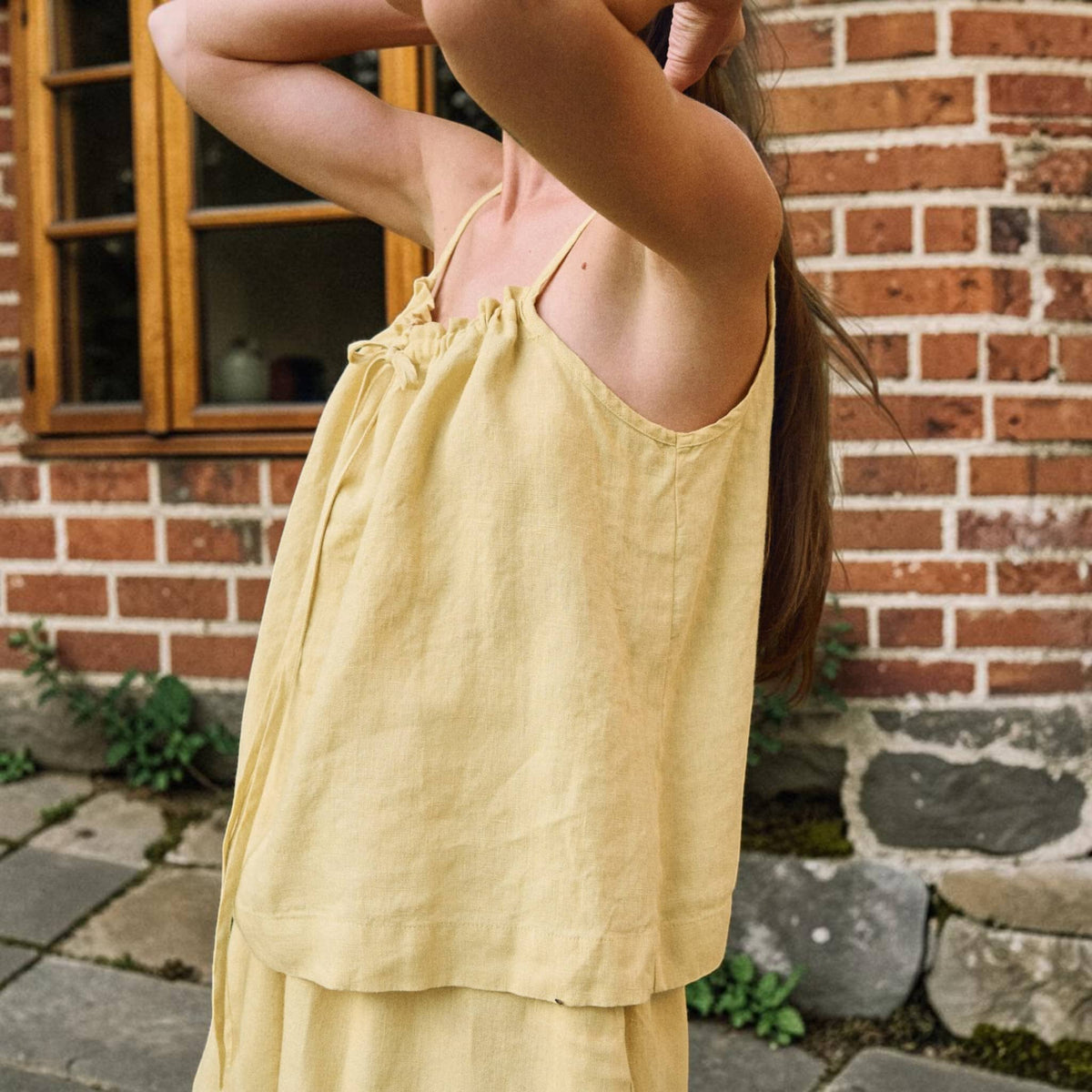Tie-Neck Linen Camisole, Spaghetti-Strap Gathered-Neck
