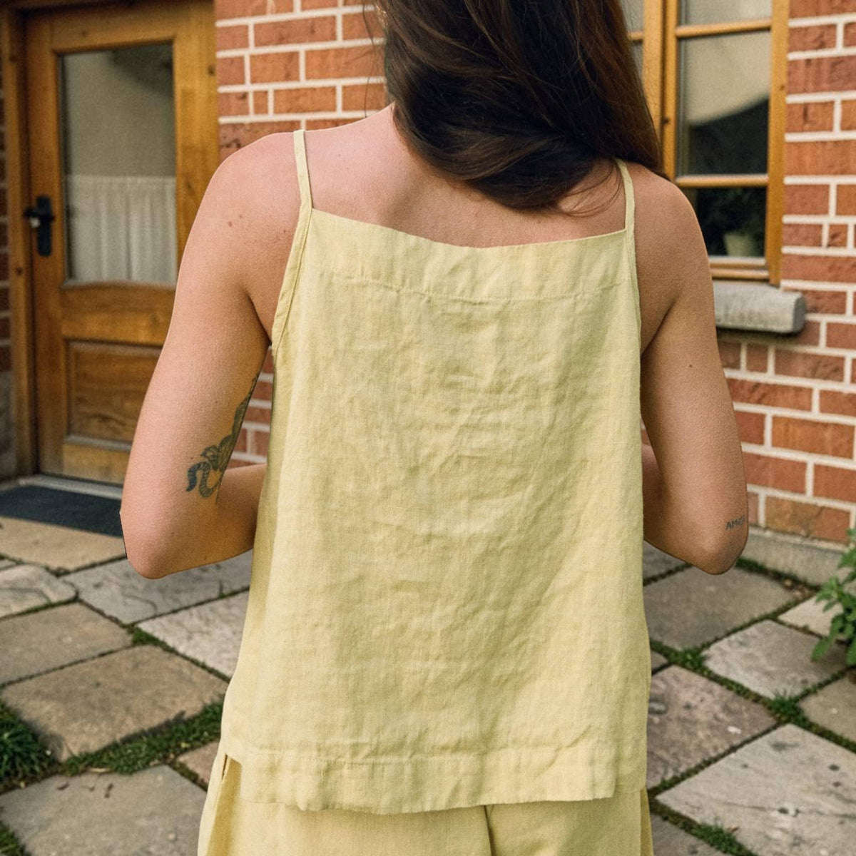 Tie-Neck Linen Camisole, Spaghetti-Strap Gathered-Neck