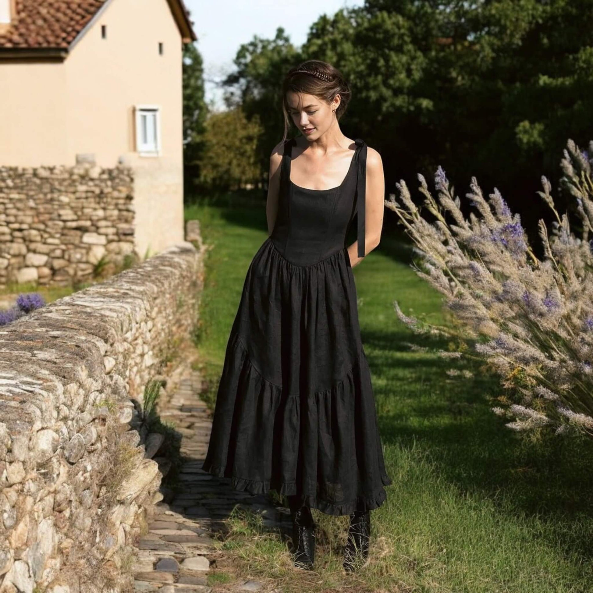 Tie Shoulder Corset Midi Dress, Sleeveless Linen Midi Dress