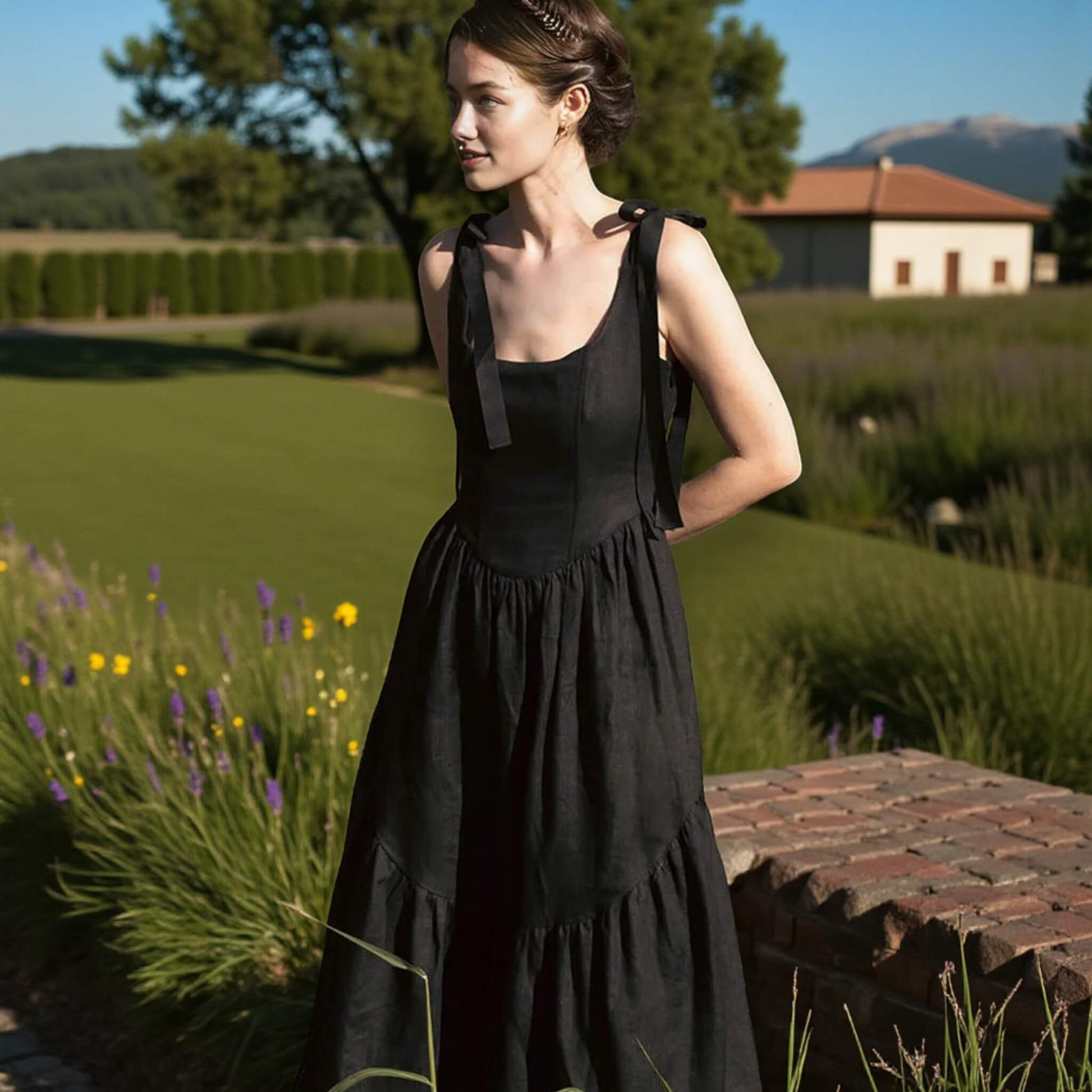 Tie Shoulder Corset Midi Dress, Sleeveless Linen Midi Dress