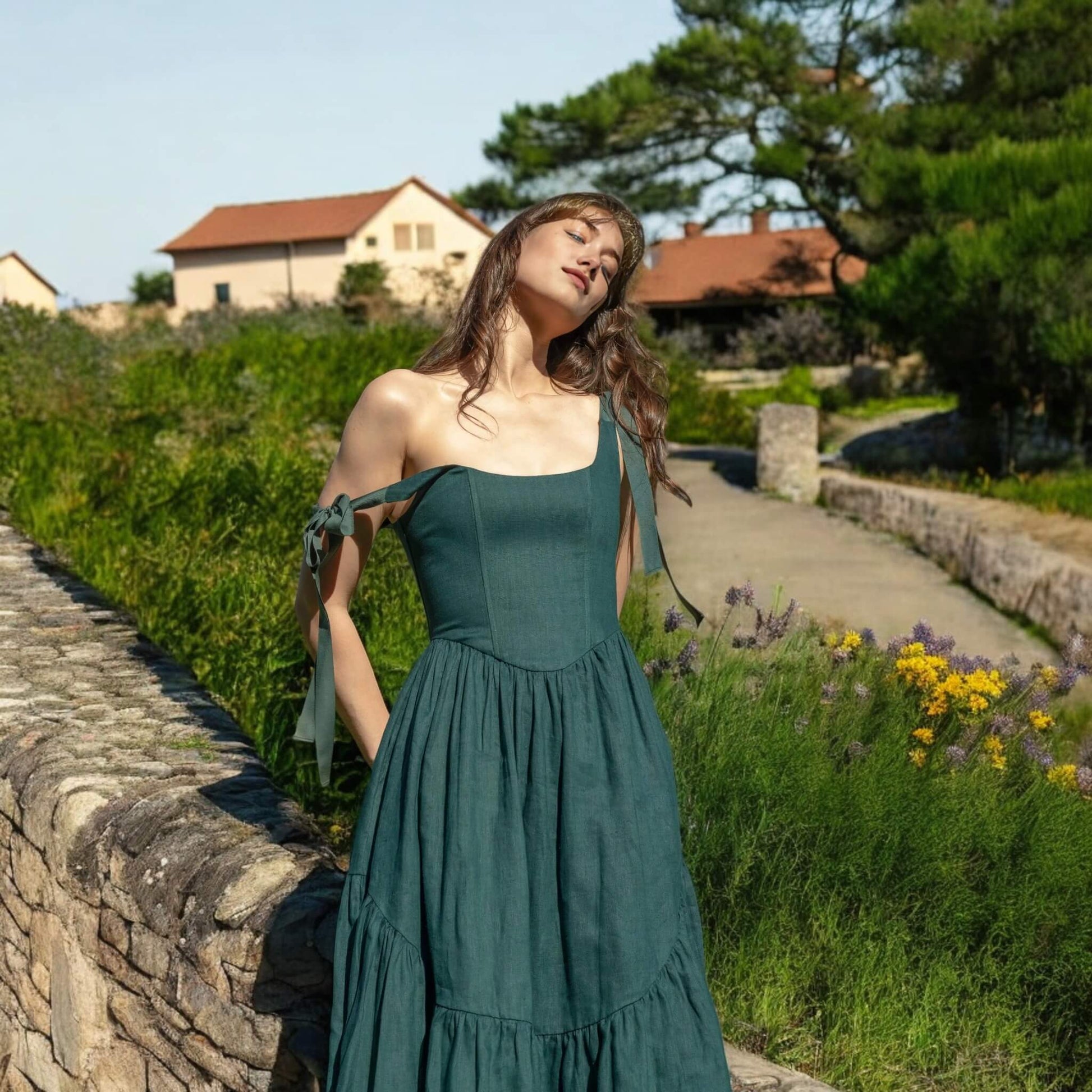 Tie Shoulder Corset Midi Dress, Sleeveless Linen Midi Dress