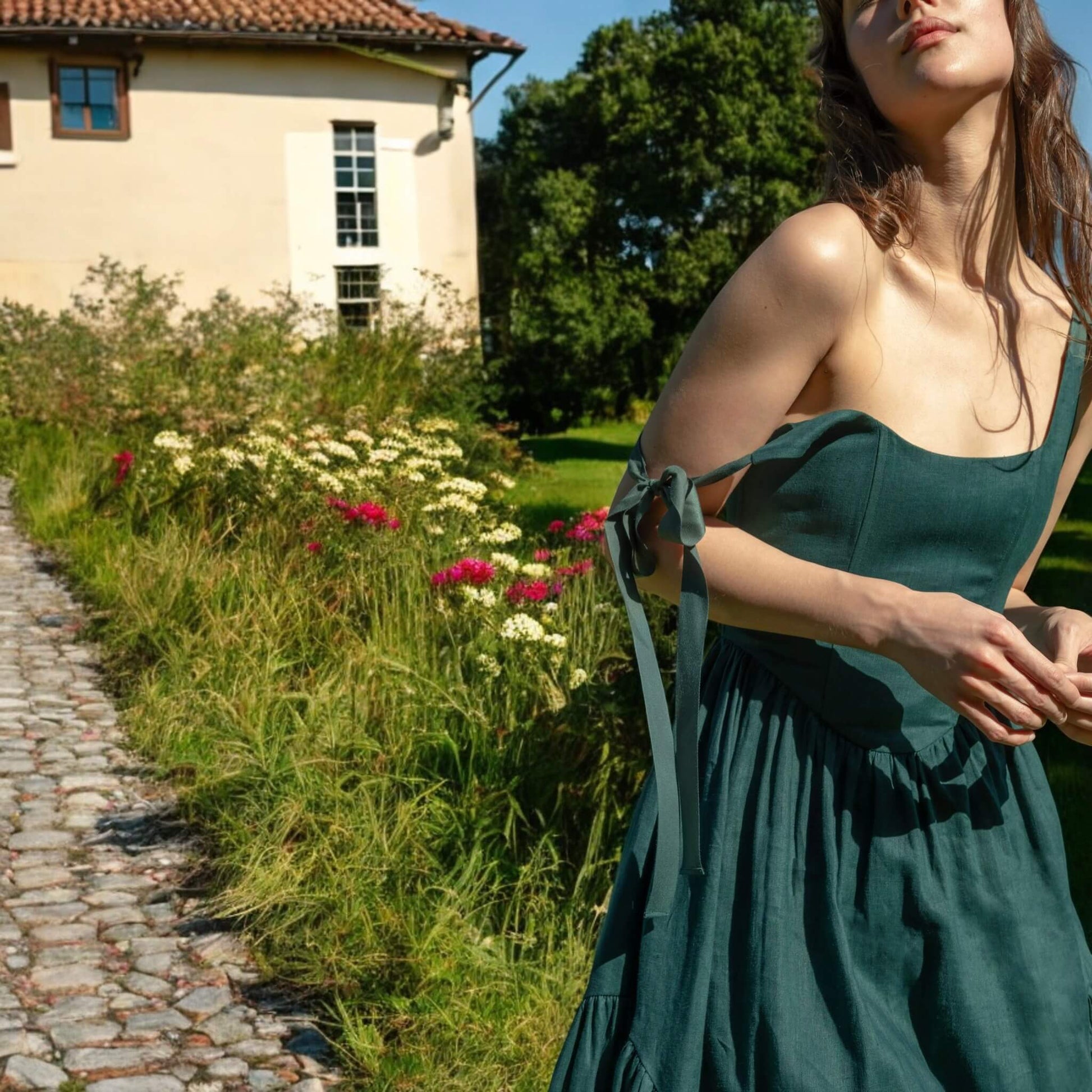 Tie Shoulder Corset Midi Dress, Sleeveless Linen Midi Dress