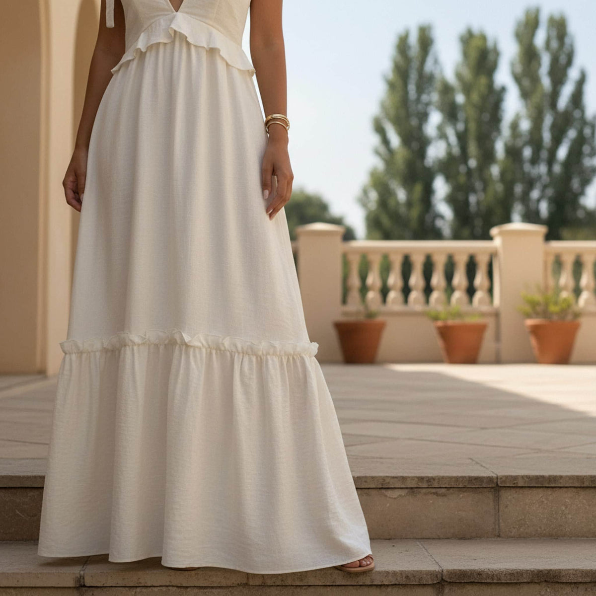Tie Shoulder Linen Maxi Dress, V Neck Maxi Dress