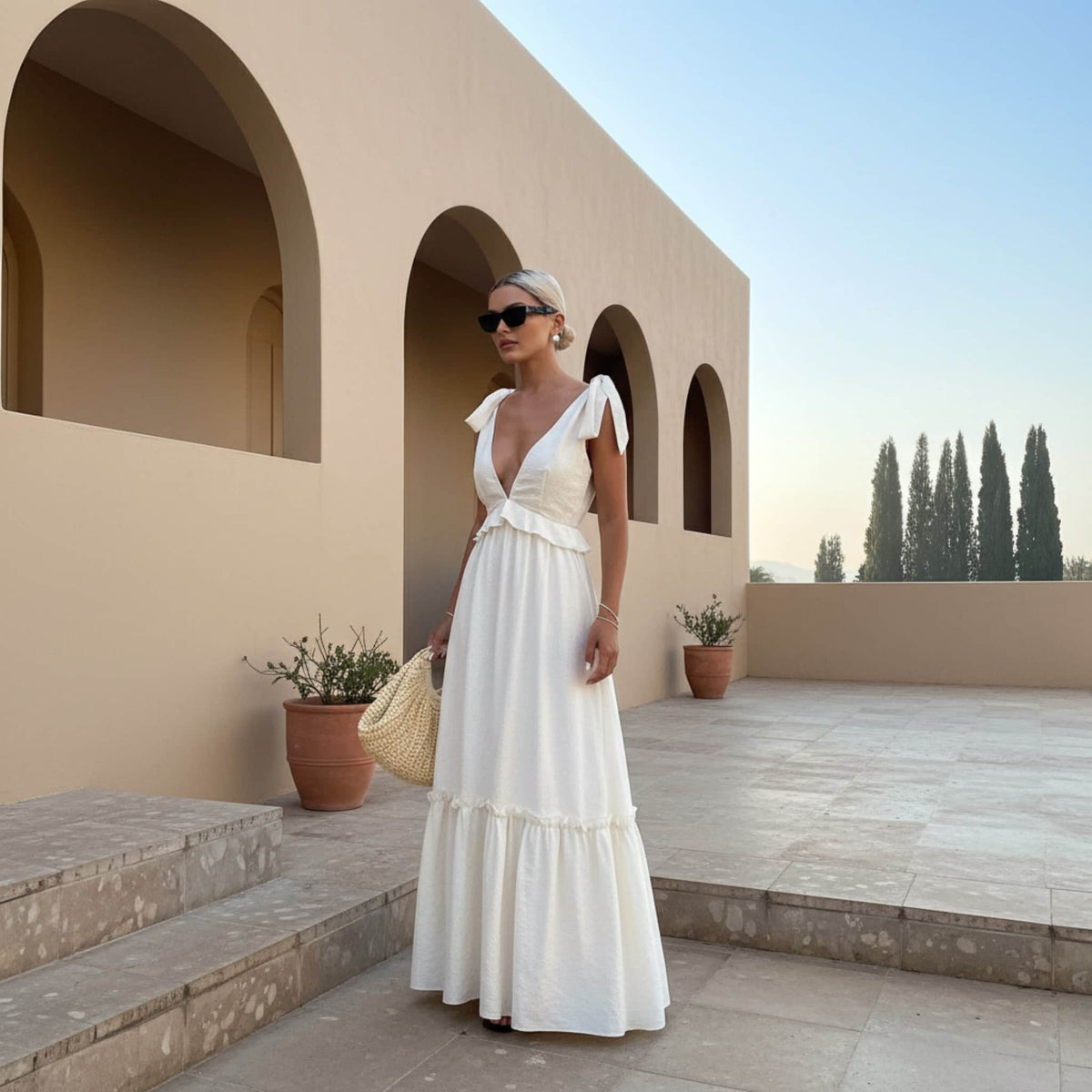 Tie Shoulder Linen Maxi Dress, V Neck Maxi Dress