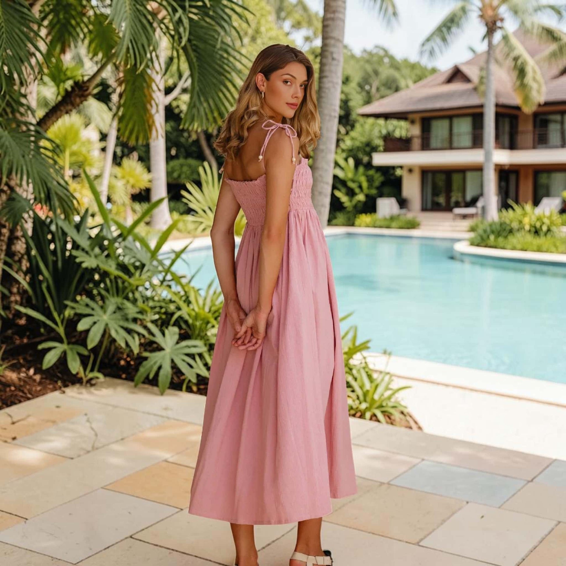 Tie Strap Linen Midi Dress, Smocked Bodice