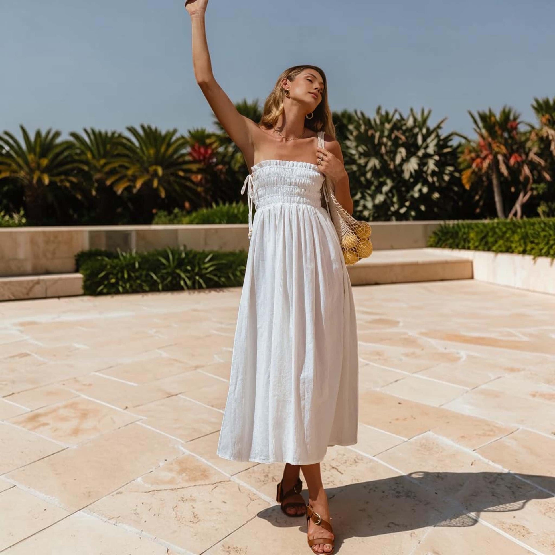 Tie Strap Linen Midi Dress, Smocked Bodice