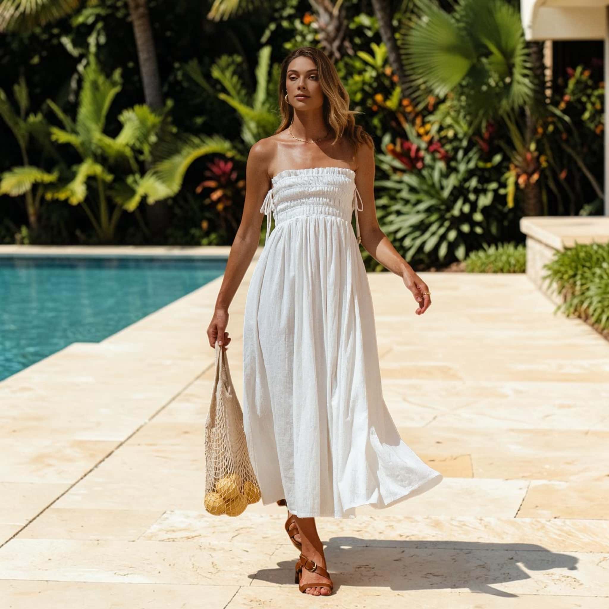 Tie Strap Linen Midi Dress, Smocked Bodice