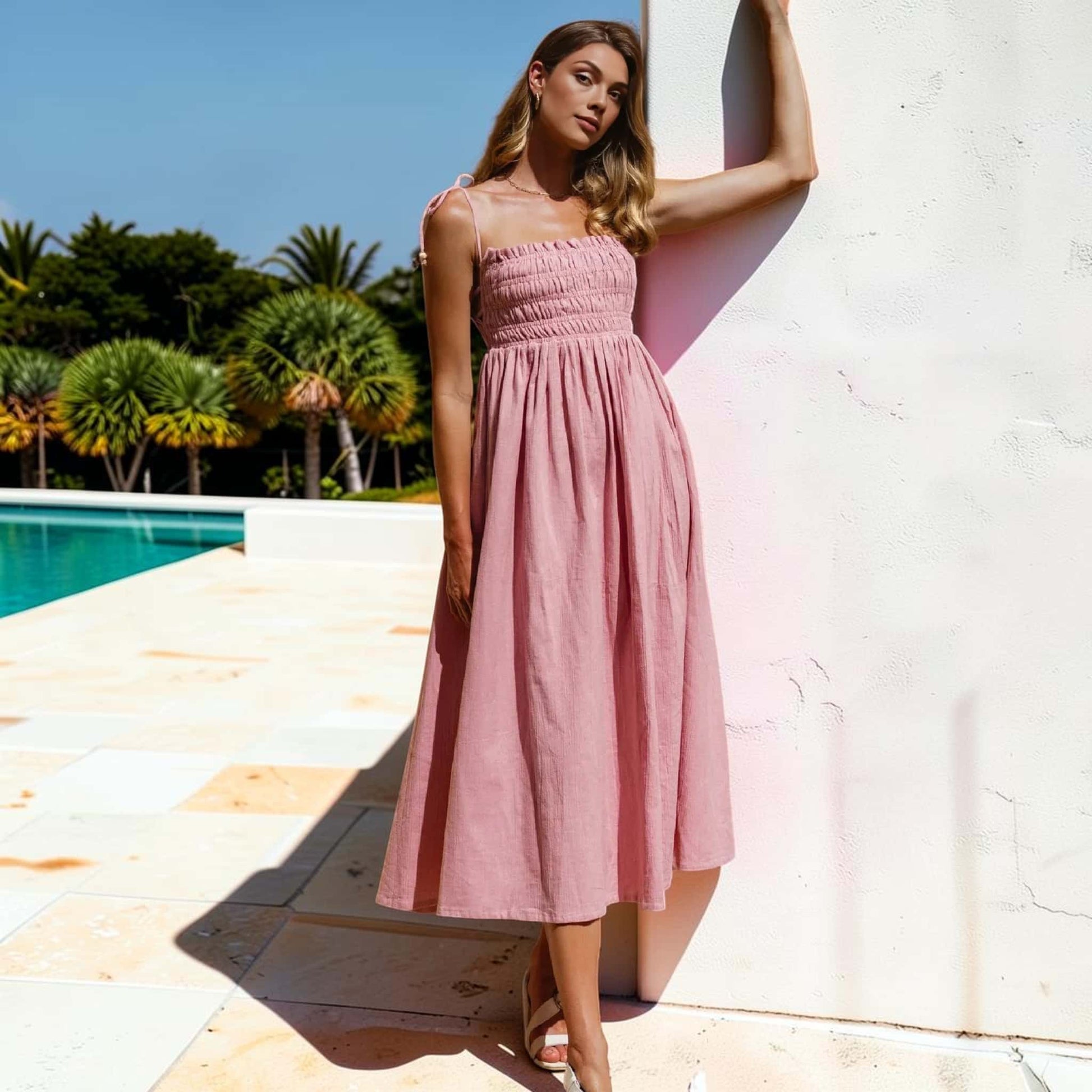 Tie Strap Linen Midi Dress, Smocked Bodice