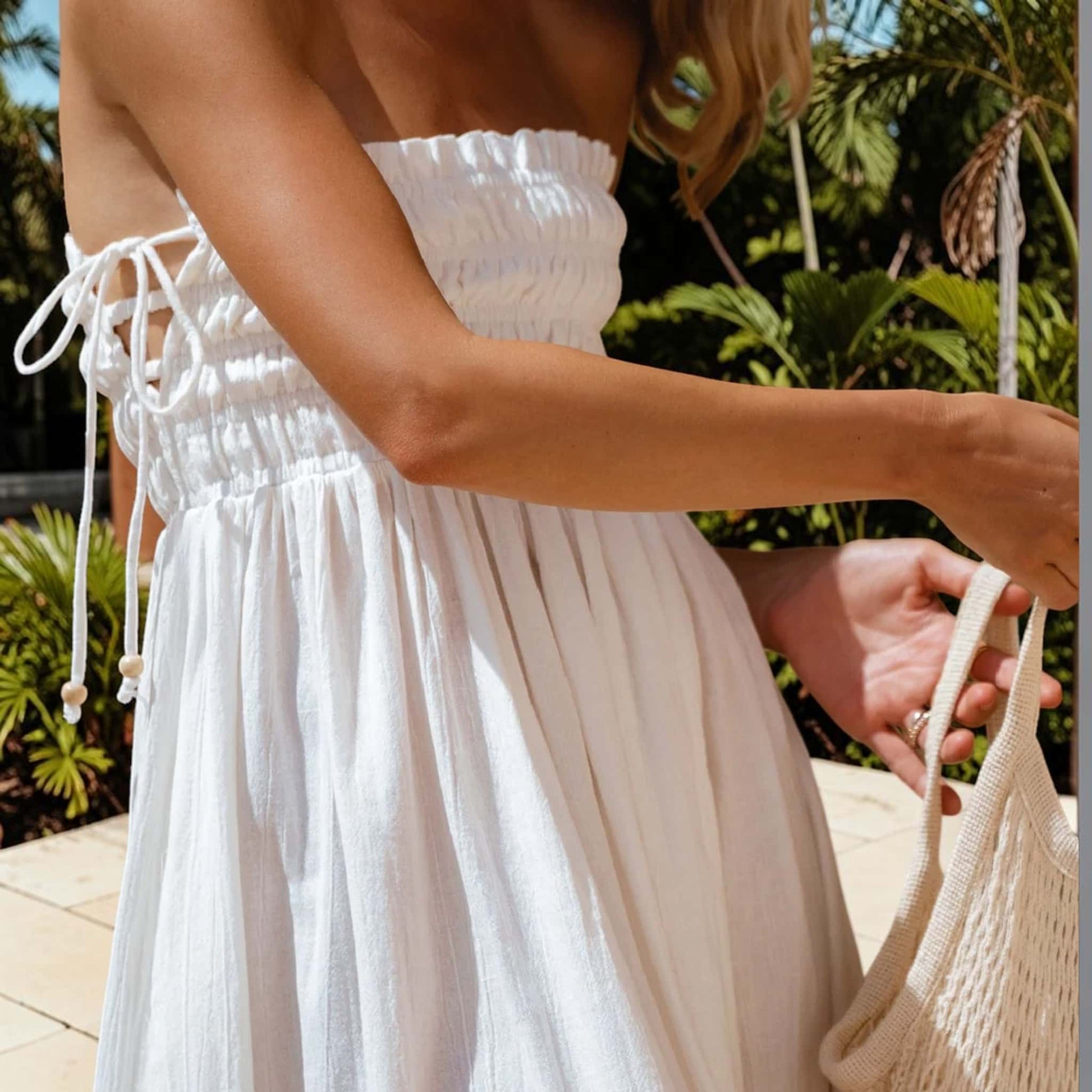 Tie Strap Linen Midi Dress, Smocked Bodice