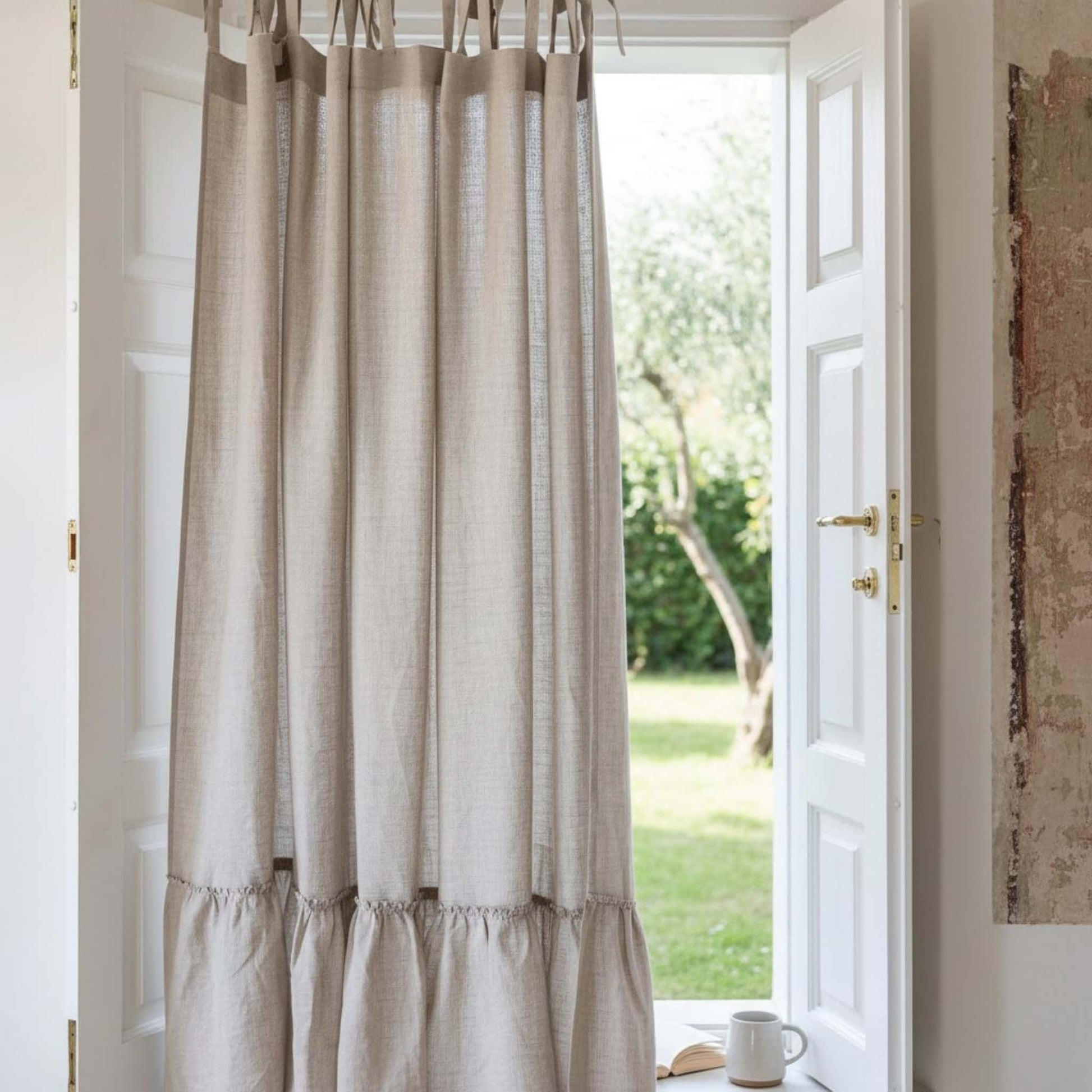 Tie Top Linen Shower Curtain, Linen Ruffle Shower Curtain