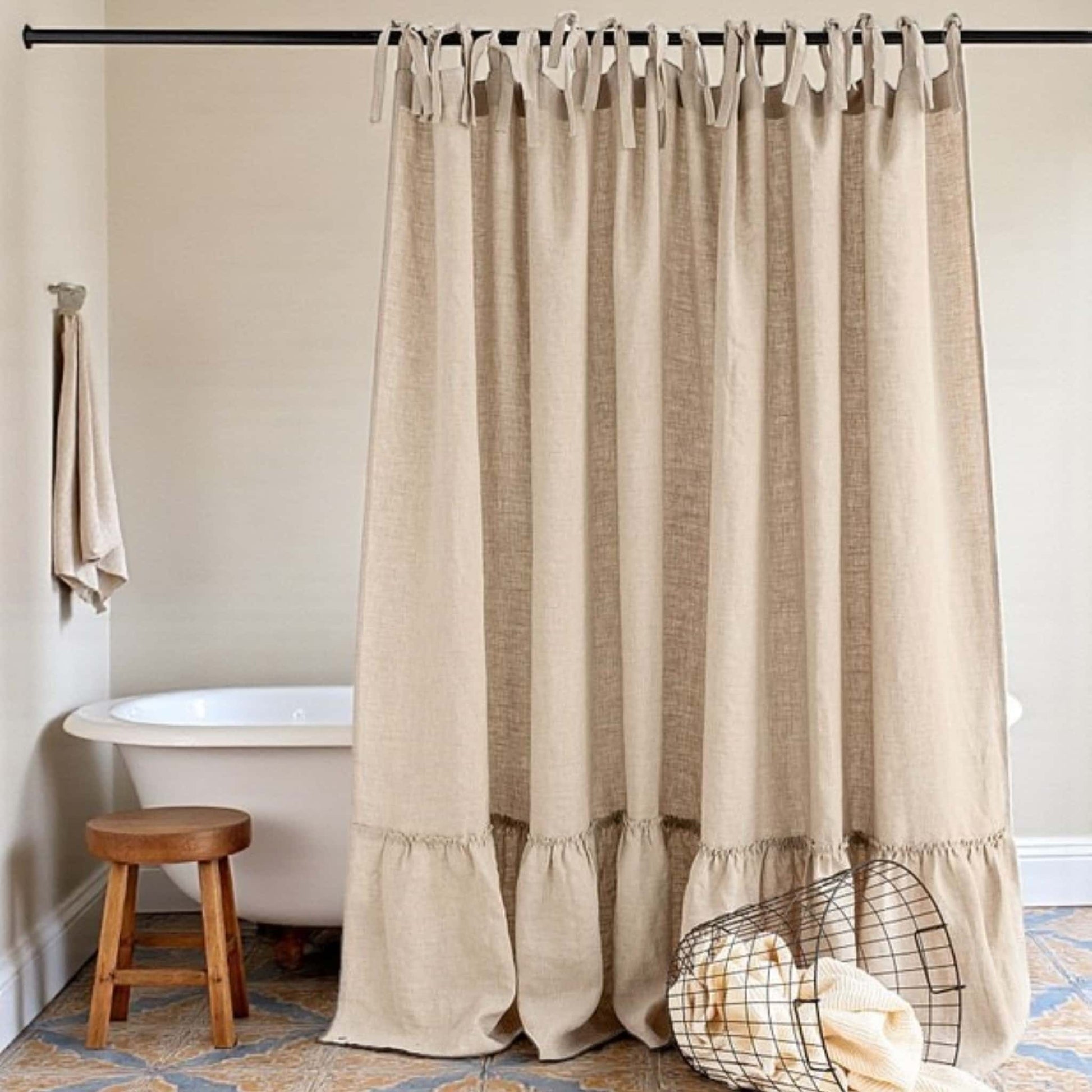 Tie Top Linen Shower Curtain, Linen Ruffle Shower Curtain