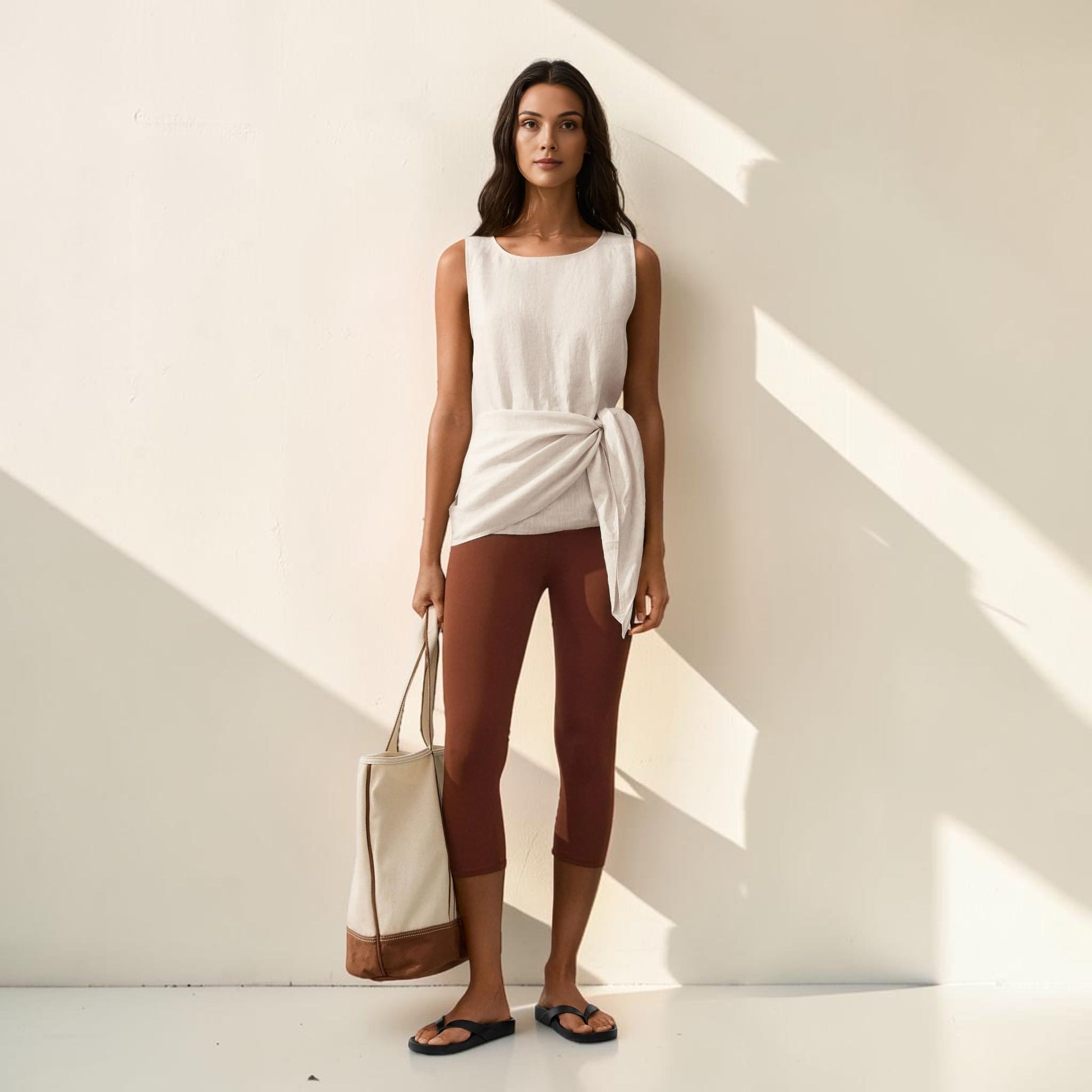 Tie Waist Linen Top, Sleeveless Side Tie