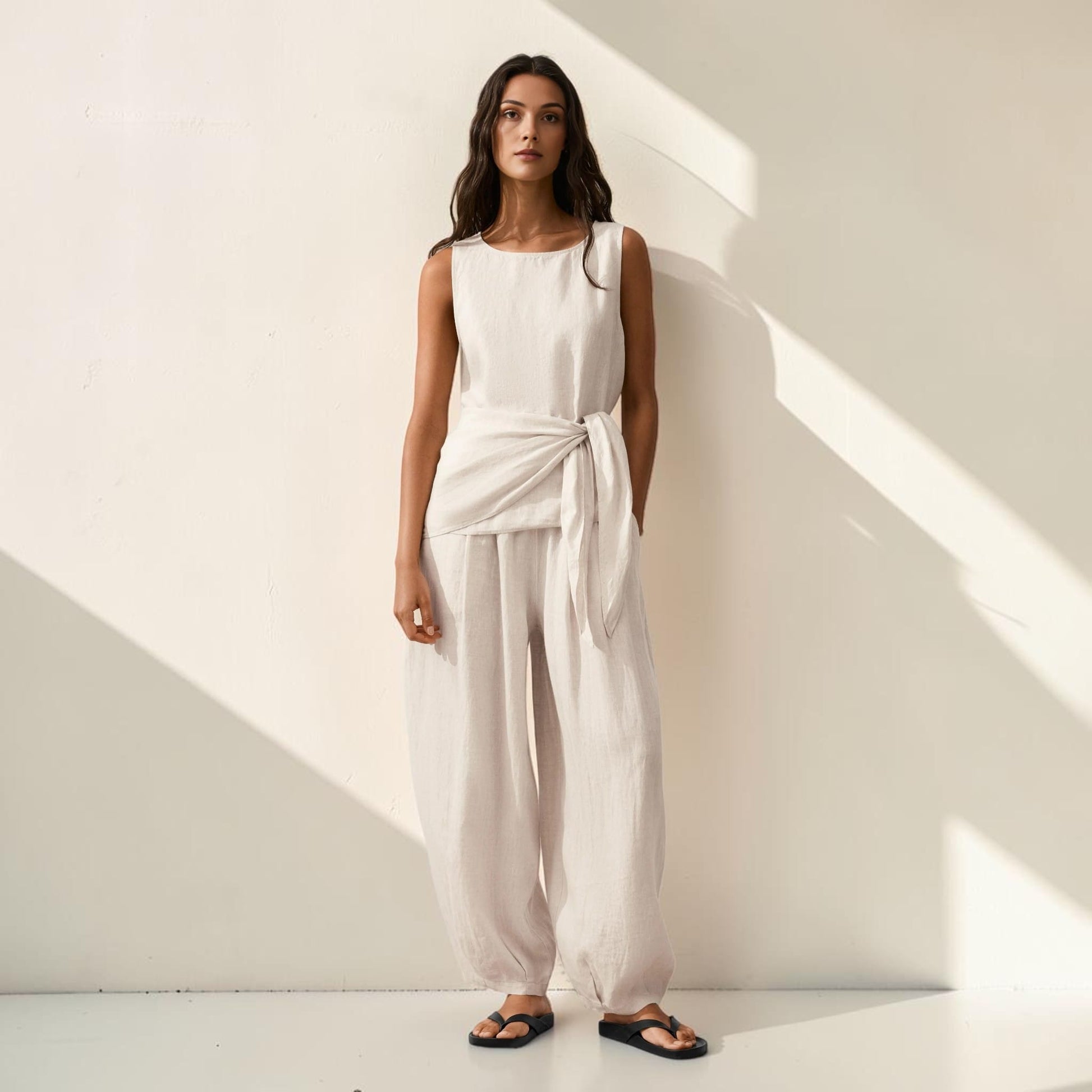 Tie Waist Linen Top, Sleeveless Side Tie