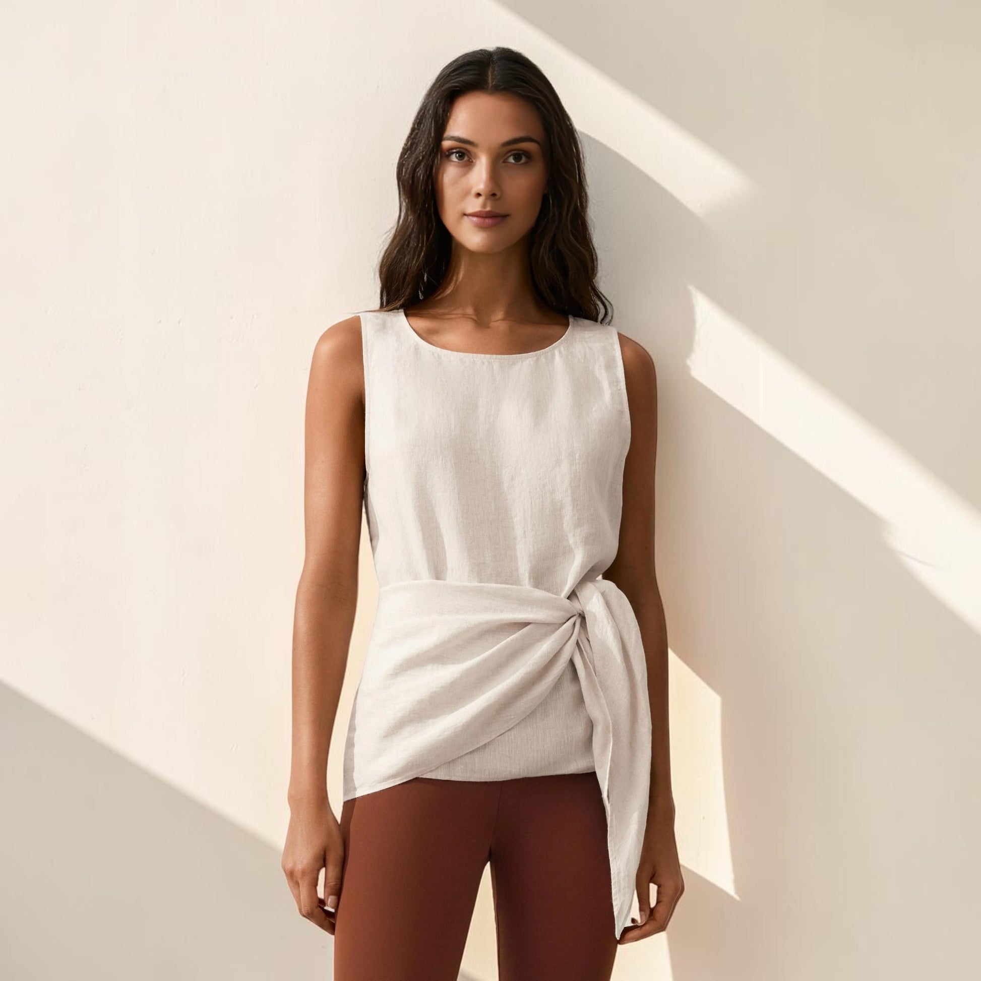 Tie Waist Linen Top, Sleeveless Side Tie