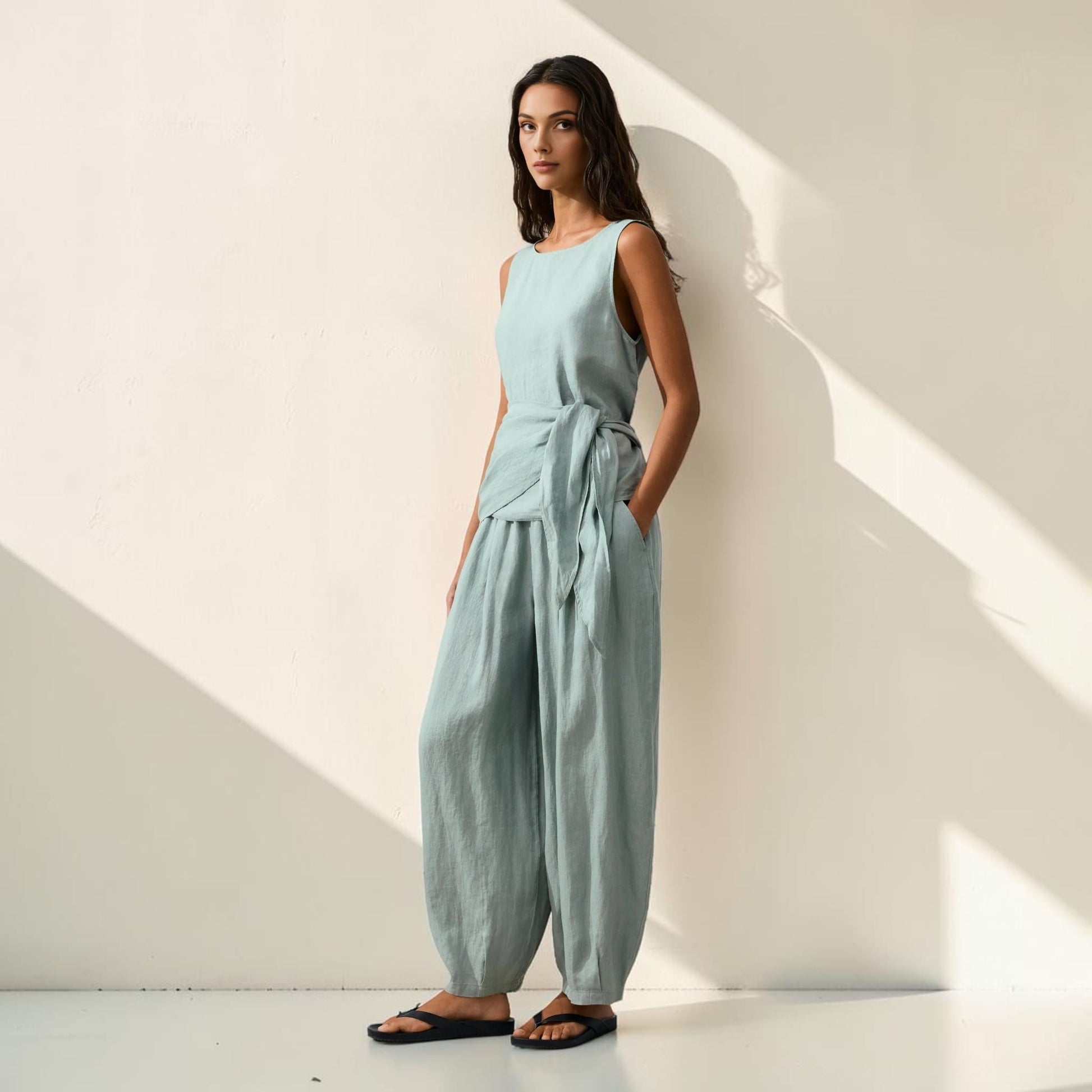 Tie Waist Linen Top, Sleeveless Side Tie