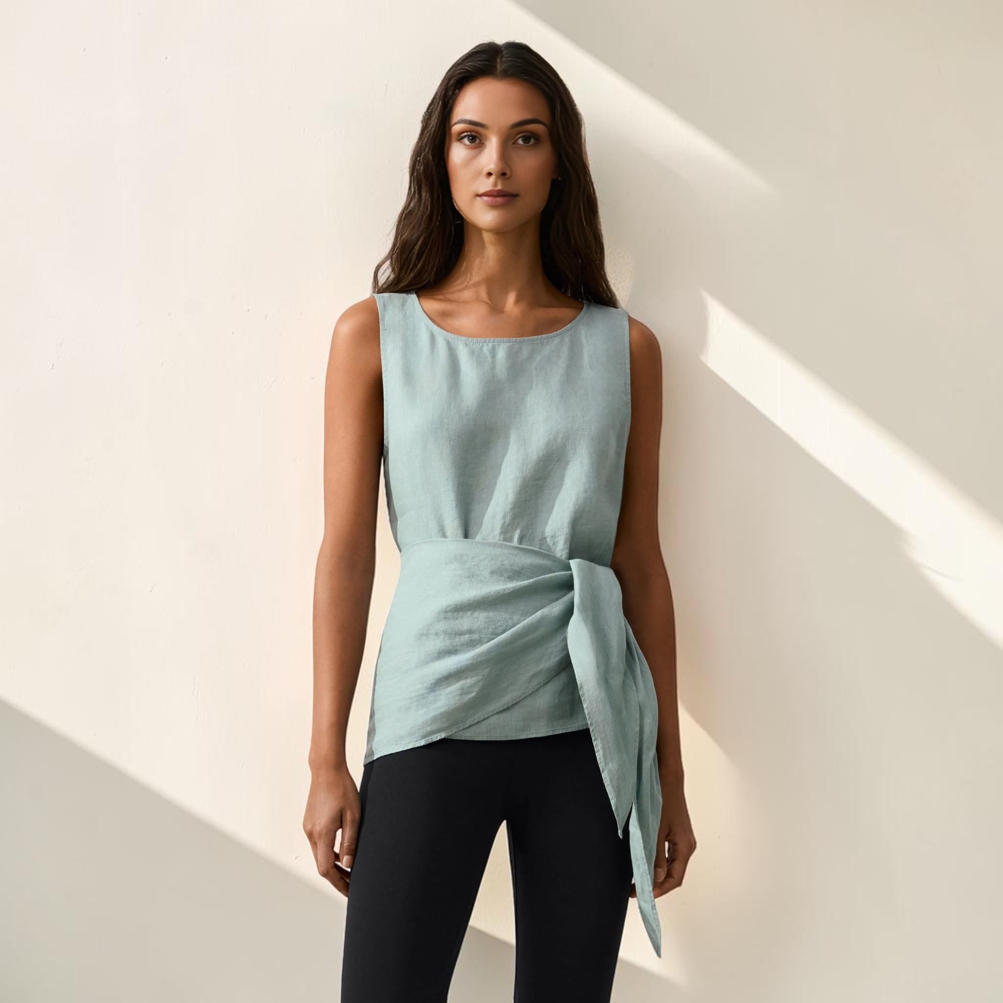 Tie Waist Linen Top, Sleeveless Side Tie