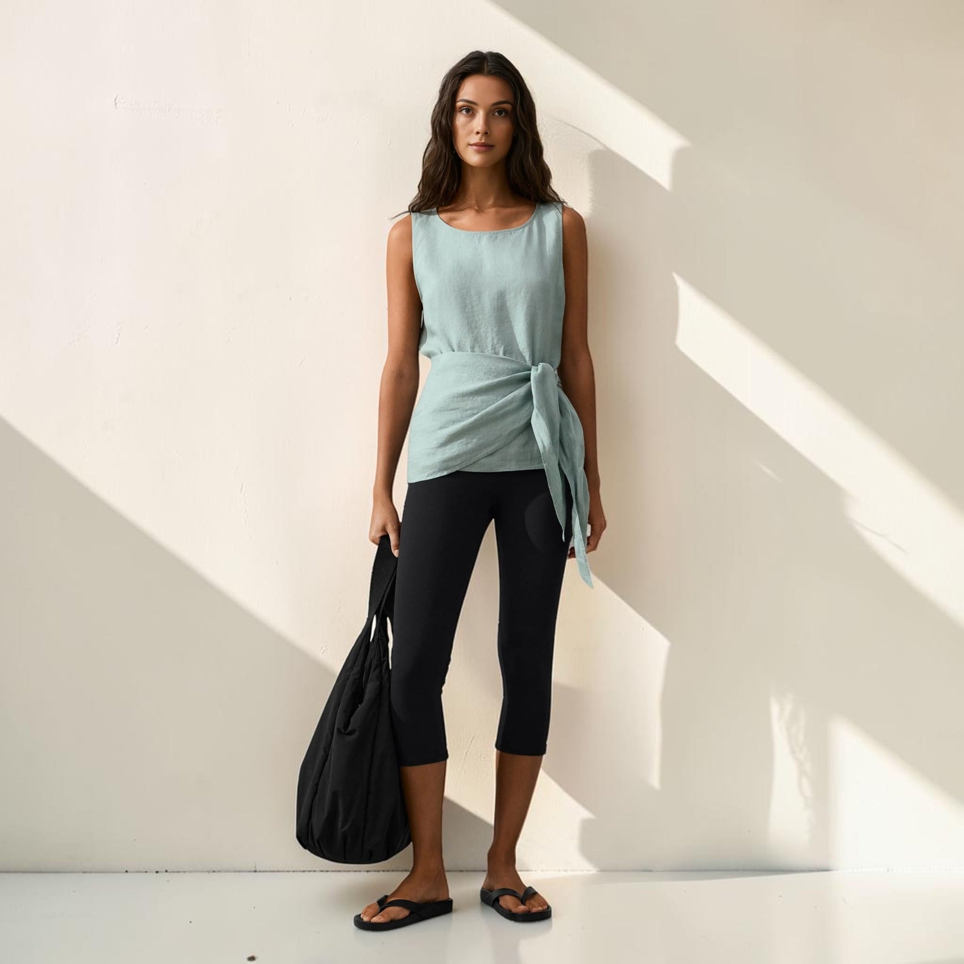 Tie Waist Linen Top, Sleeveless Side Tie