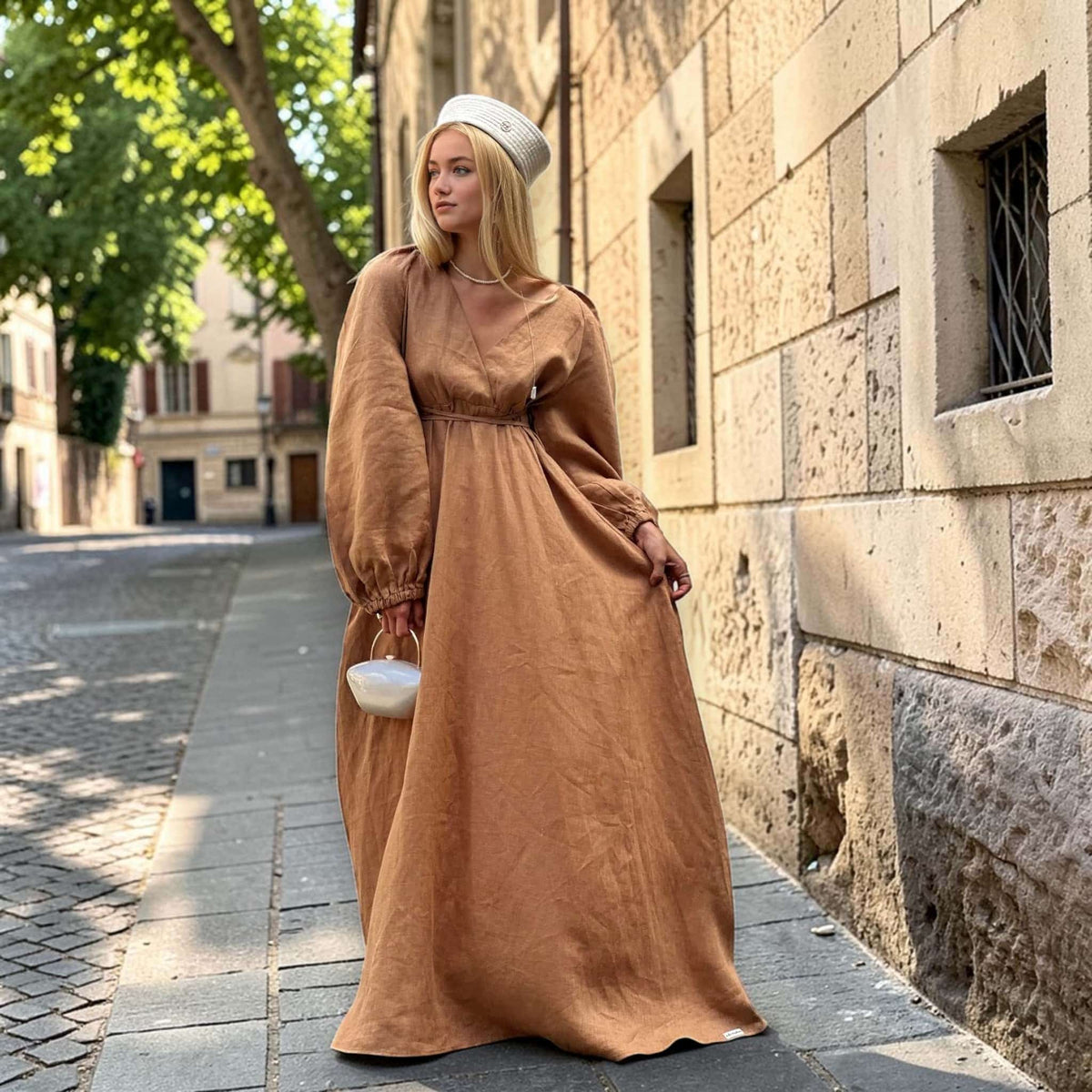 Tie Waist Maxi Dress, Long Sleeve Linen Maxi Dress