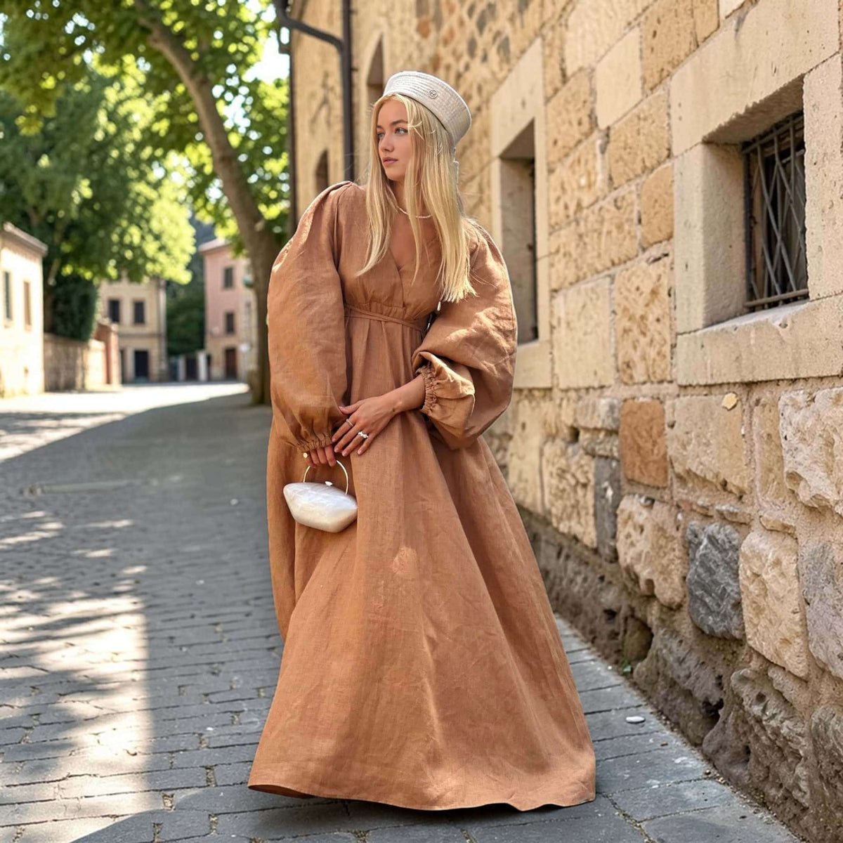 Tie Waist Maxi Dress, Long Sleeve Linen Maxi Dress