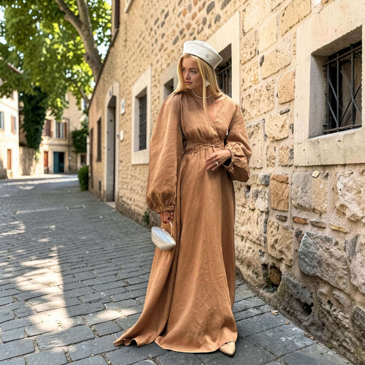 Tie Waist Maxi Dress, Long Sleeve Linen Maxi Dress