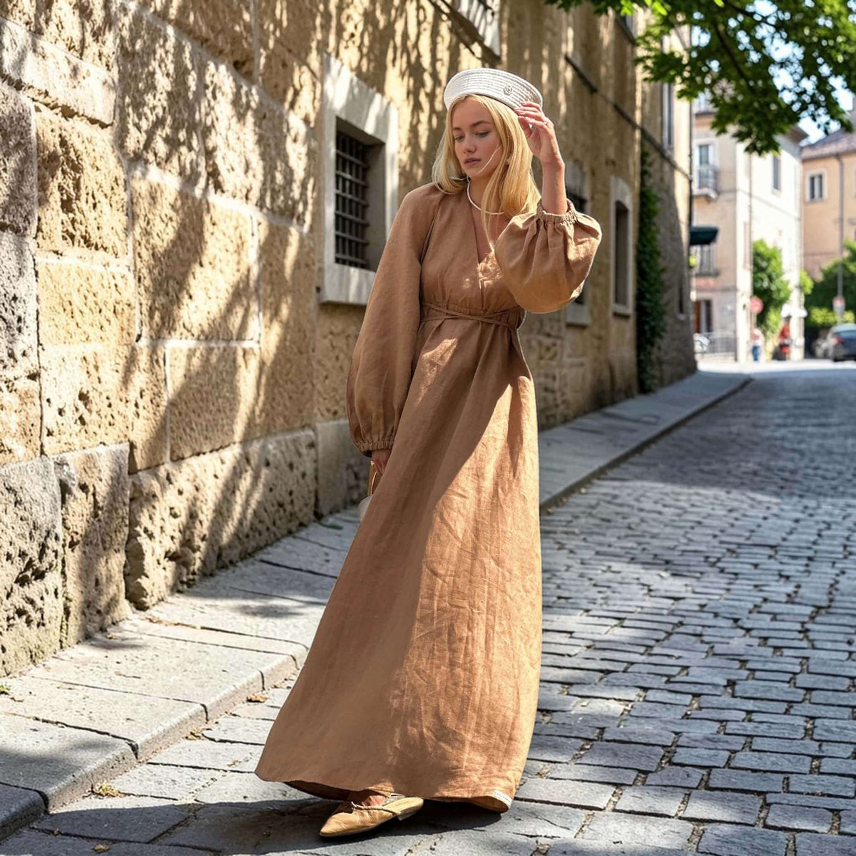 Tie Waist Maxi Dress, Long Sleeve Linen Maxi Dress