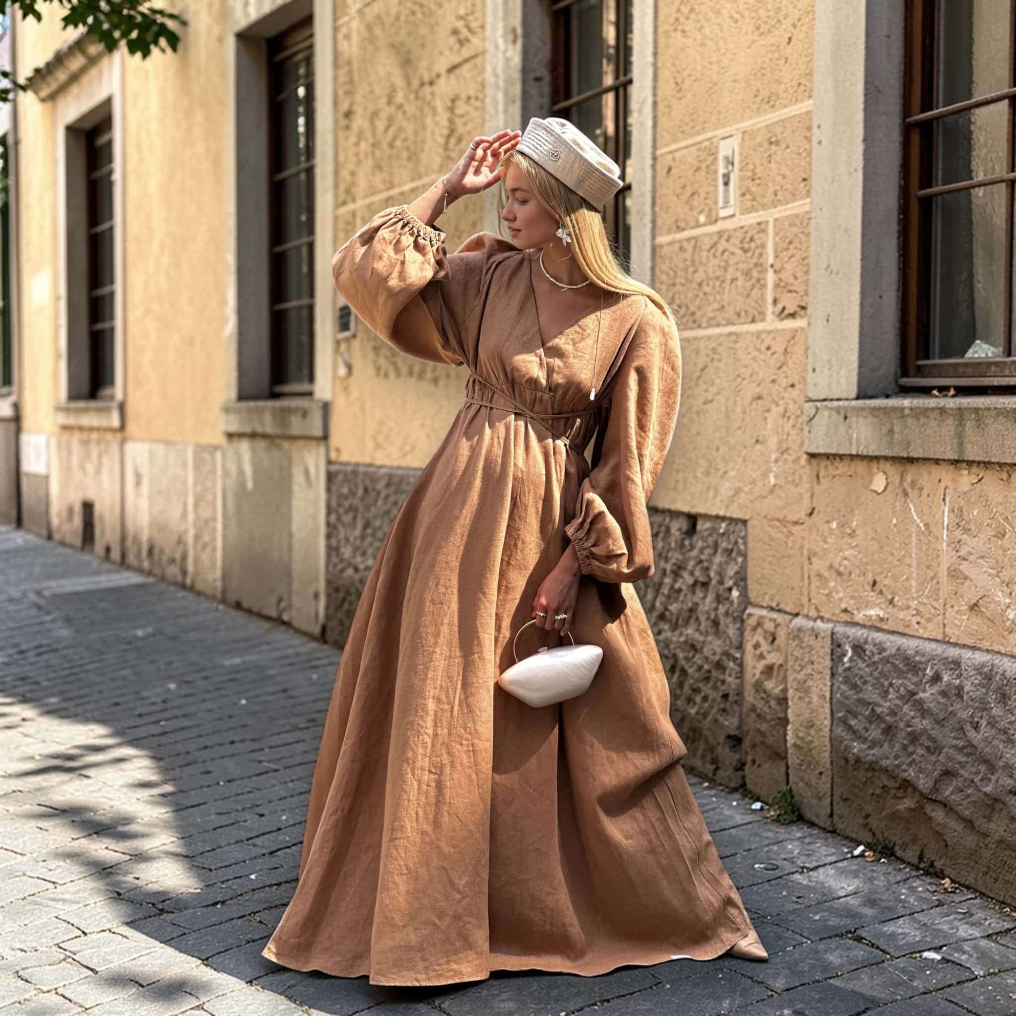 Tie Waist Maxi Dress, Long Sleeve Linen Maxi Dress