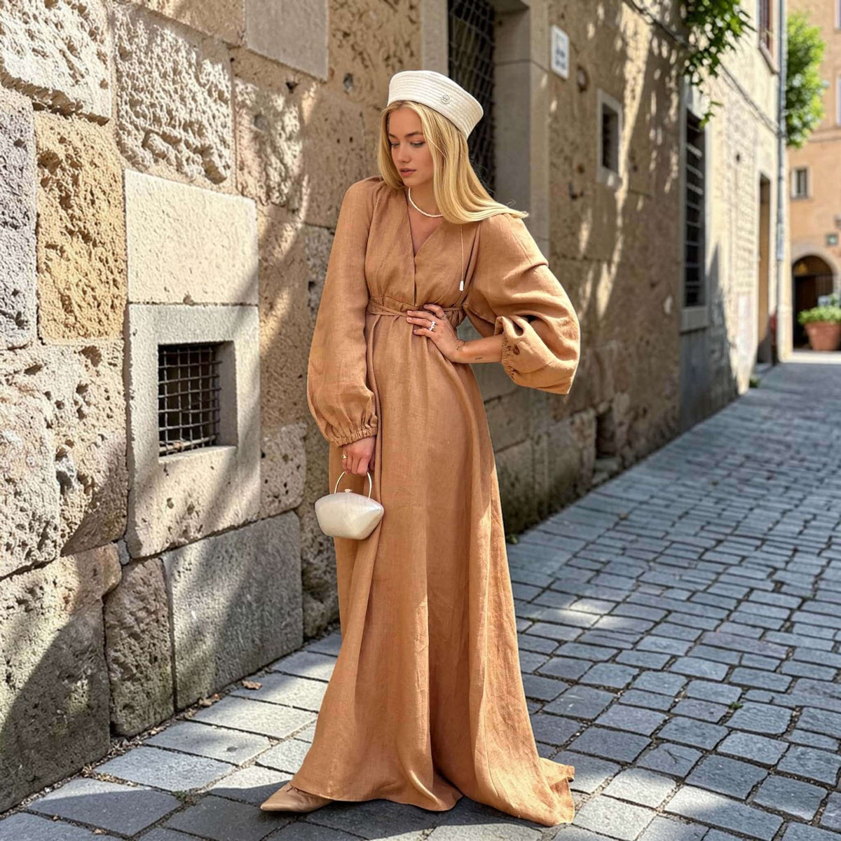 Tie Waist Maxi Dress, Long Sleeve Linen Maxi Dress