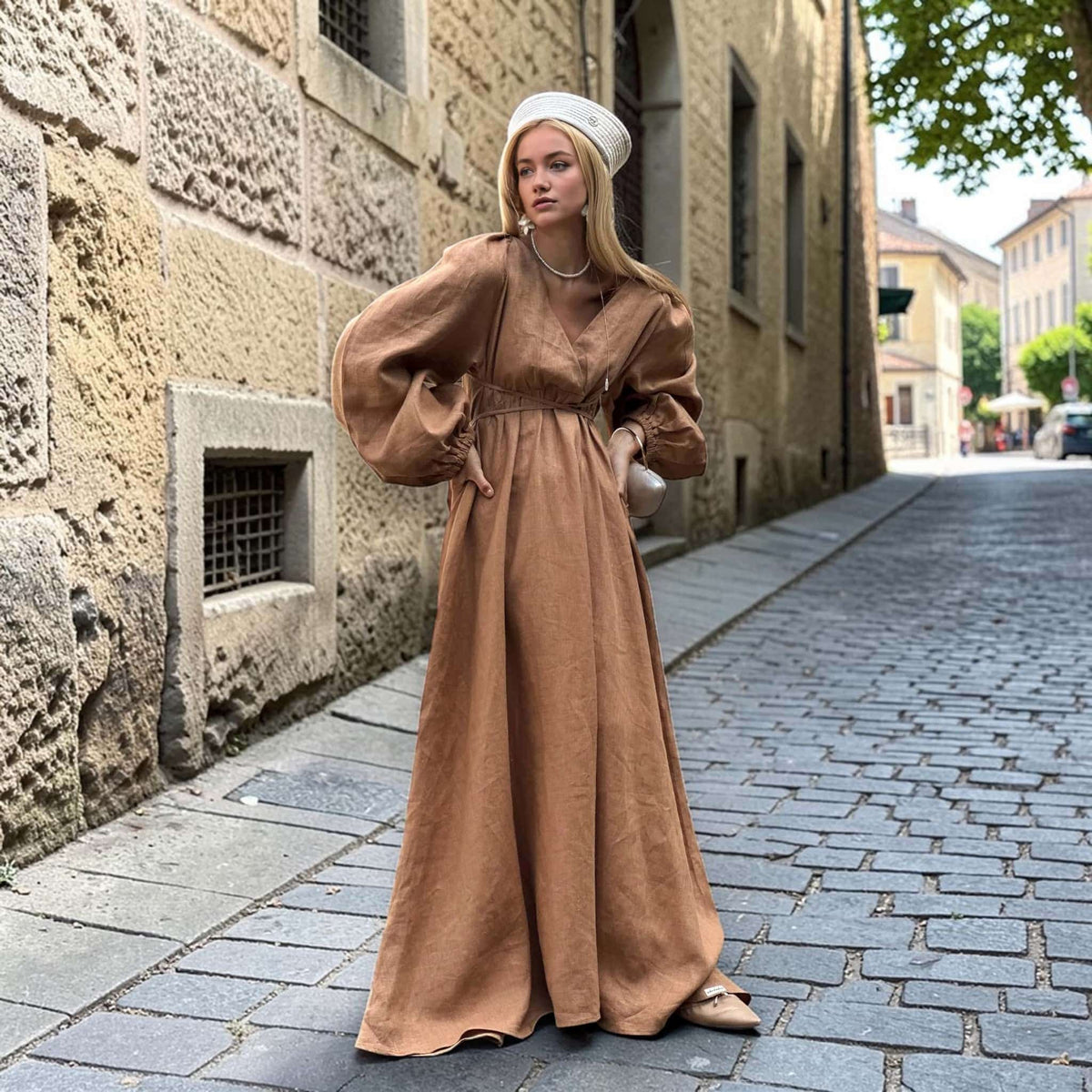 Tie Waist Maxi Dress, Long Sleeve Linen Maxi Dress