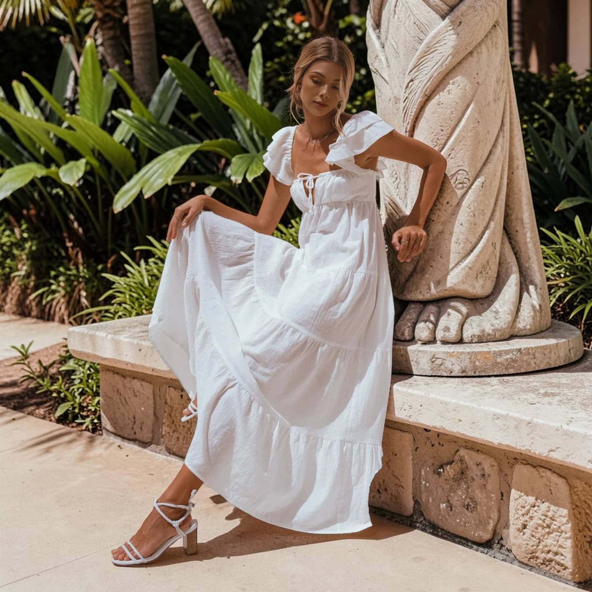 Tiered Linen Maxi Dress, Ruffle Strap