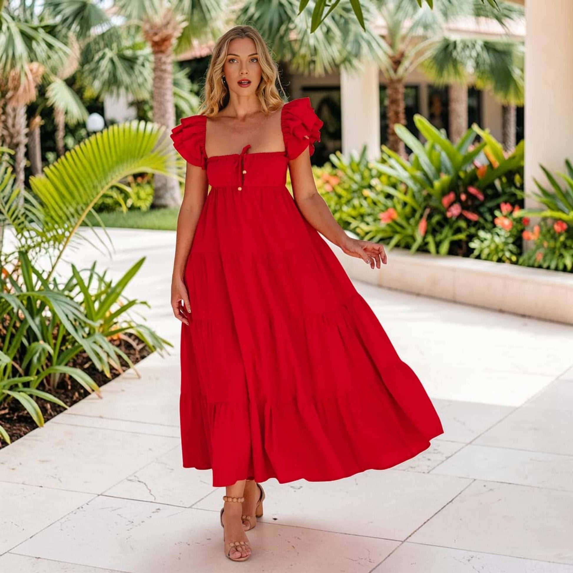 Tiered Linen Maxi Dress, Ruffle Strap